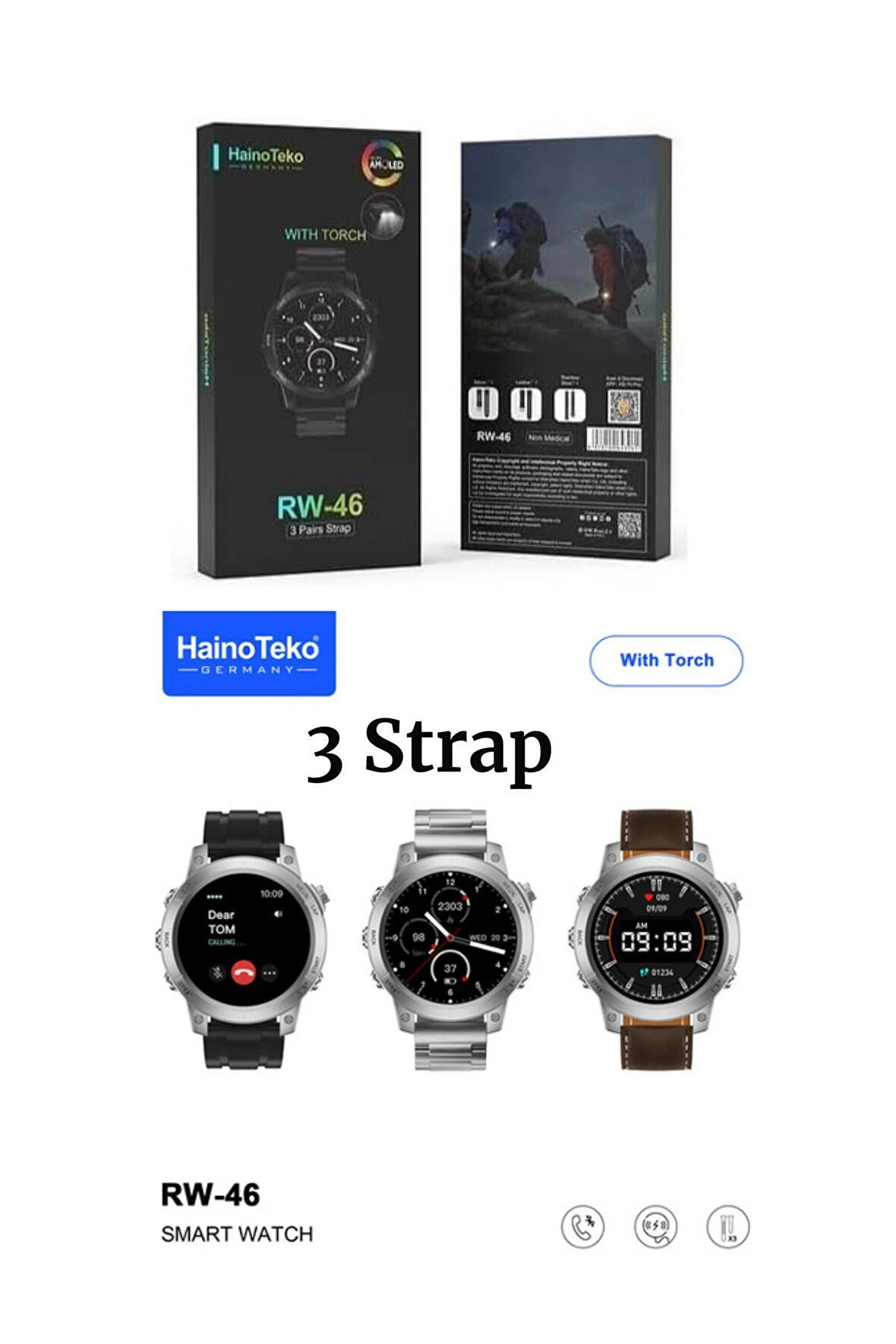 RW 46 Large Amoled Sport Watch With Torch Black Edition Wireless Charge 3 Strap Premium Series