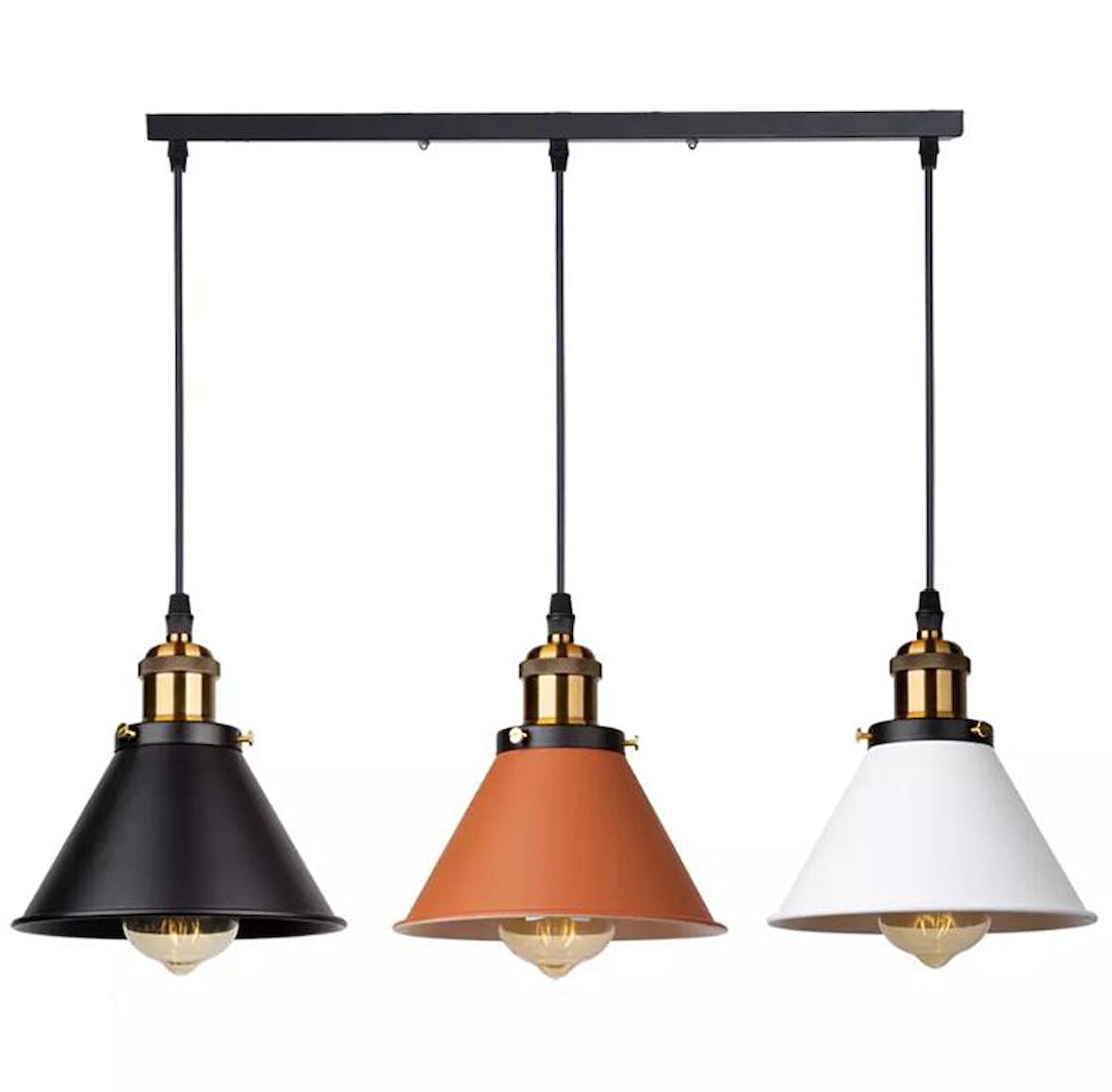 Rsylight Retro Masa Üstü 3 Lü Bakır Siyah Beyaz Rustik Metal Sarkıt Avize 60 Cm