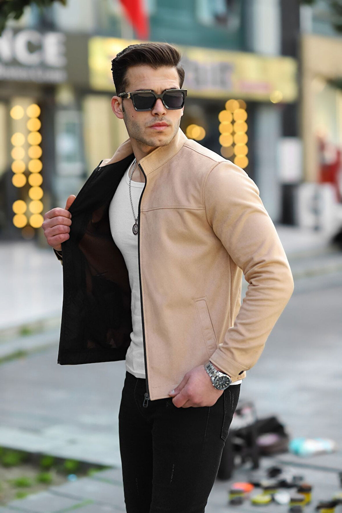 Premium Örme Triko Kol Dik Yaka Süet Ceket