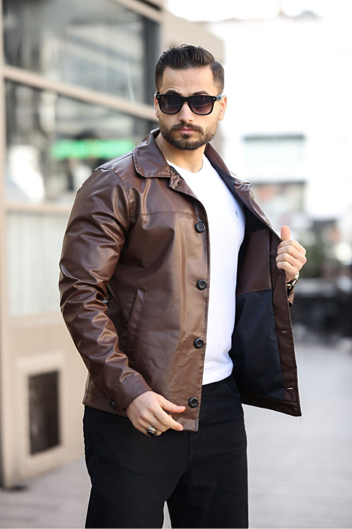 Yeni Sezon Erkek Baharlık Düğmeli İtalyan Kesim  Deri Ceket