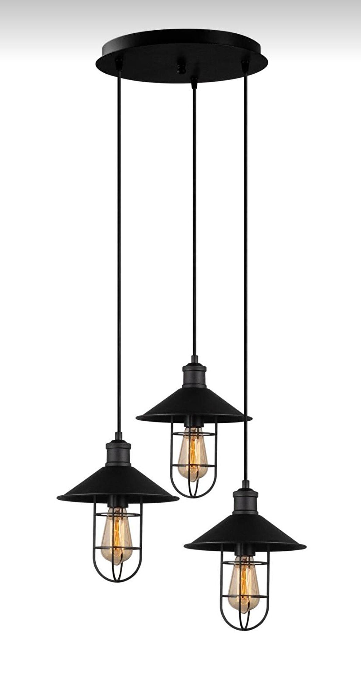 Rys Retro Metal Siyah Kafesli 3 lü Dekoratif Rustik Sarkıt Avize Çap:30 cm