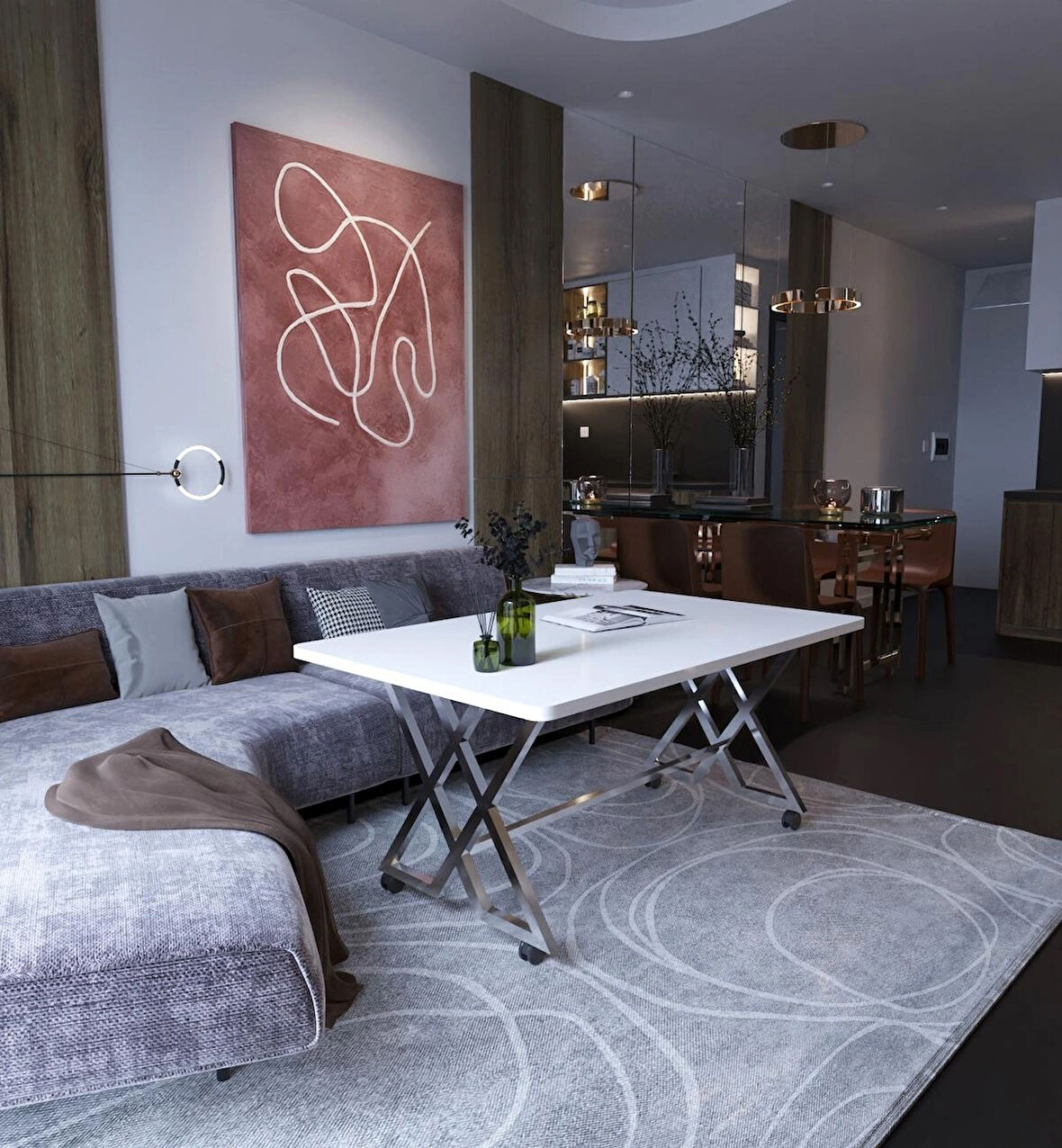 Reyyan Orta Sehpa Gümüş Metal Ayak Tekerlekli 60 X100