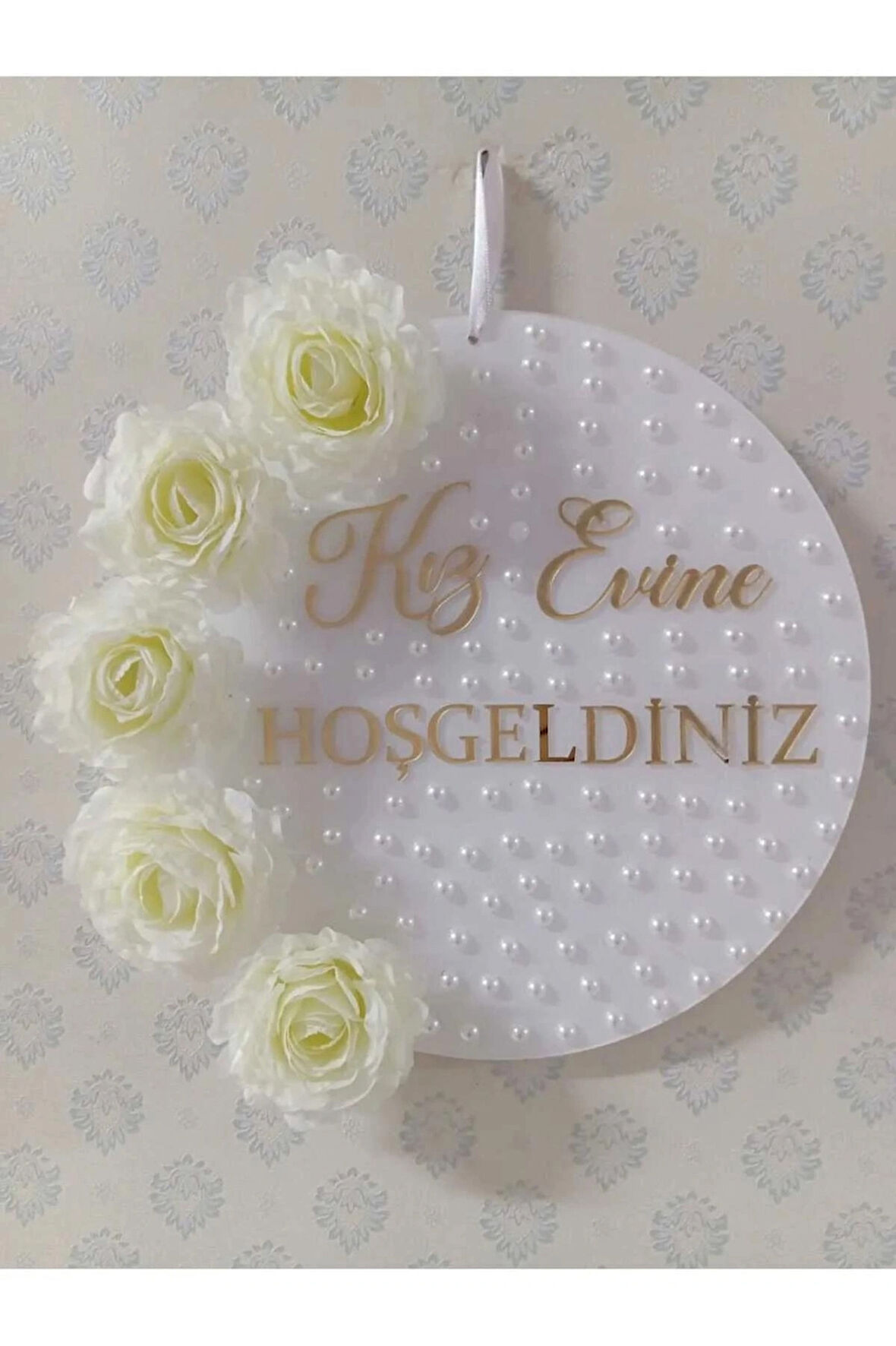 Şeffaf Gold Pleksili Kız Evine Hoşgeldiniz İncili Güllü Kapı Süsü Duvar Dekoru