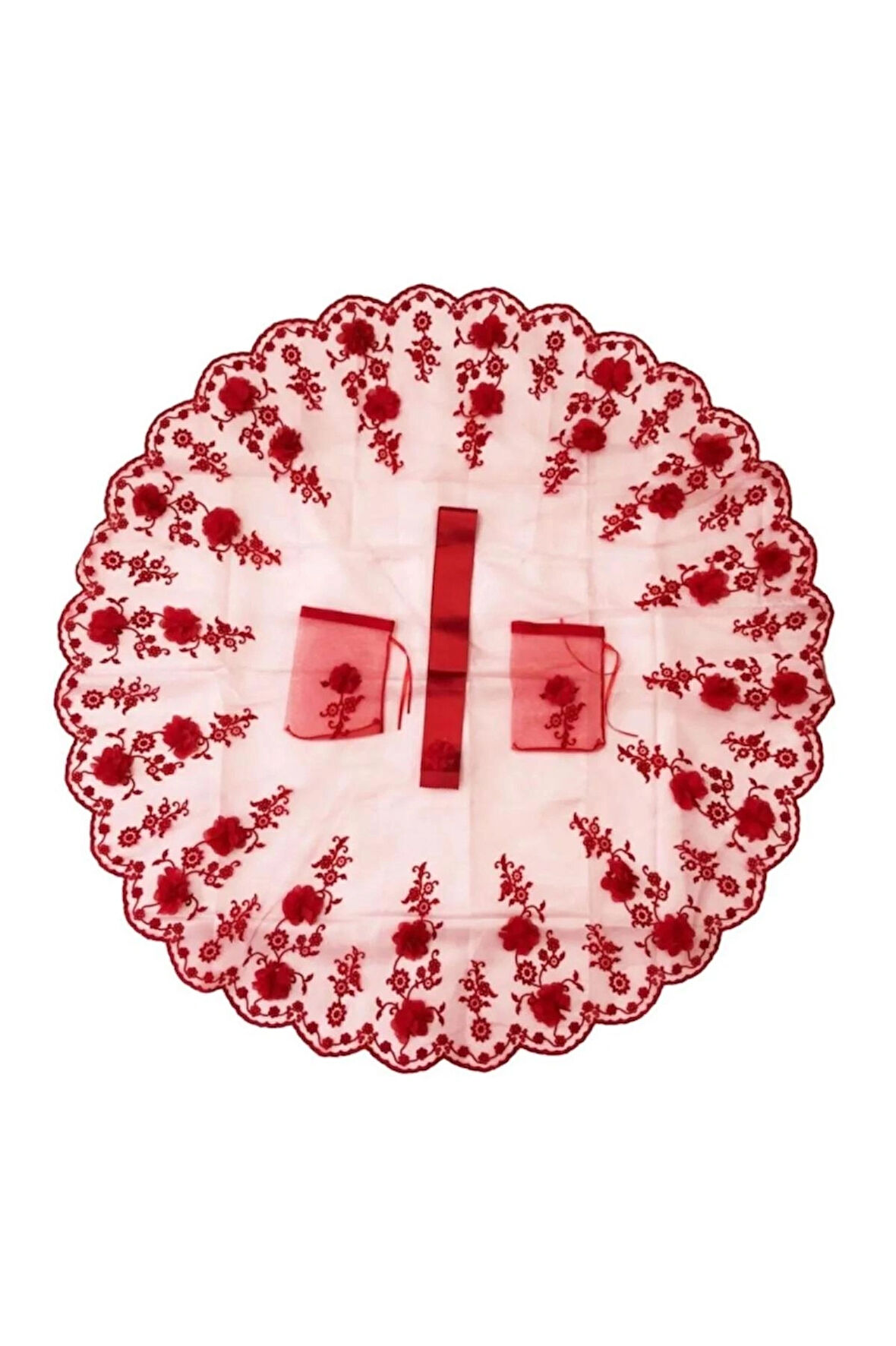 Lazer Güllü Simli Gelin Duvağı Gelin Yüz Örtüsü 4 Parça Kırmızı