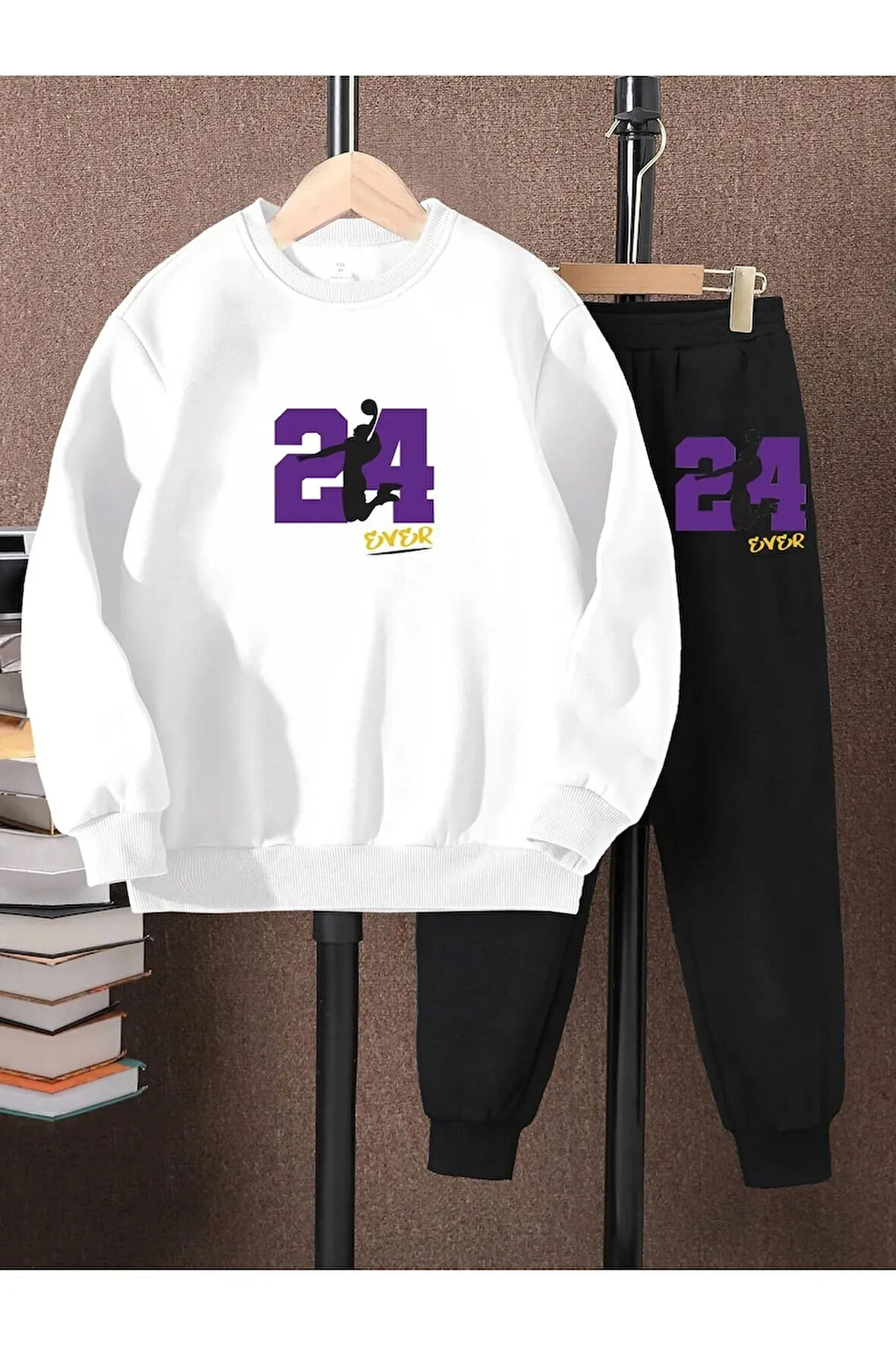 Üst Beyaz Alt Siyah Baskılı Kız/erkek Oversize Sweatsihrt &