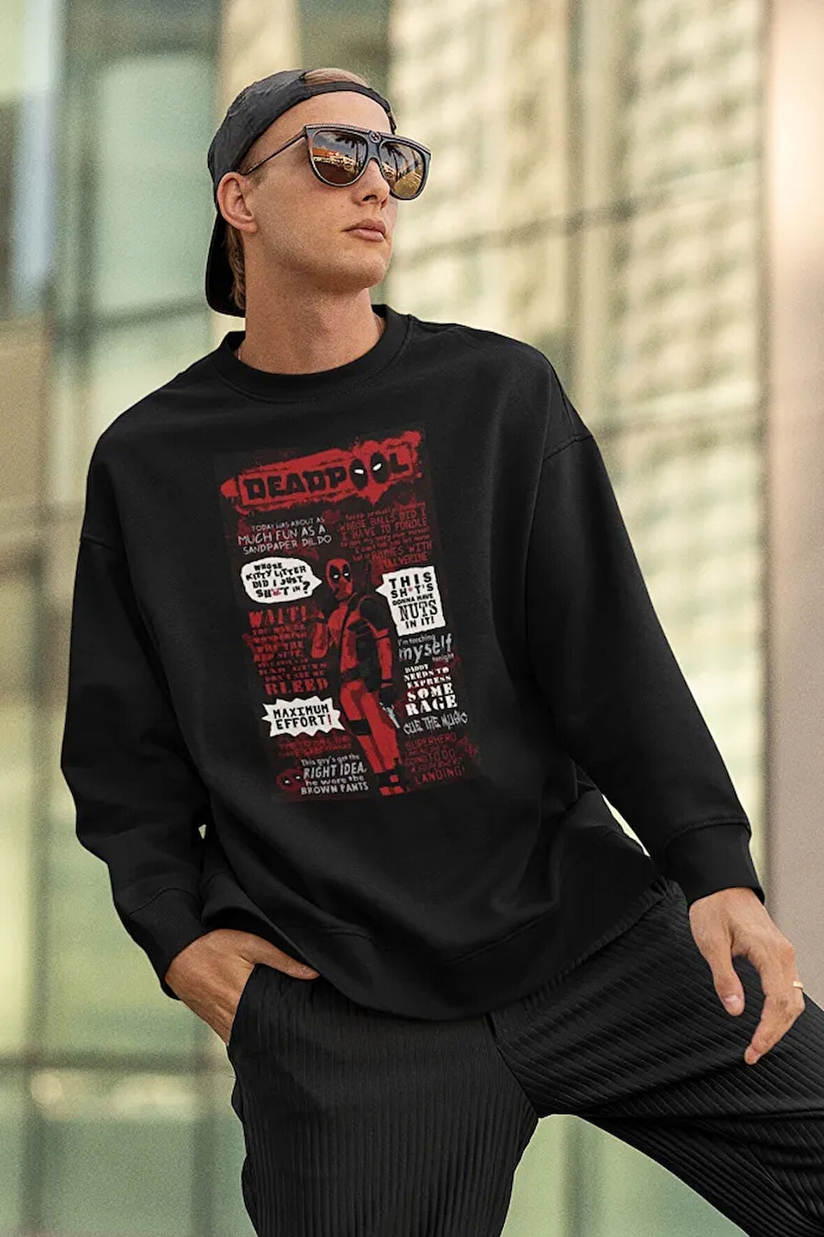 Tasarım Deadpool Baskılı Unisex Oversize Sweatshirt