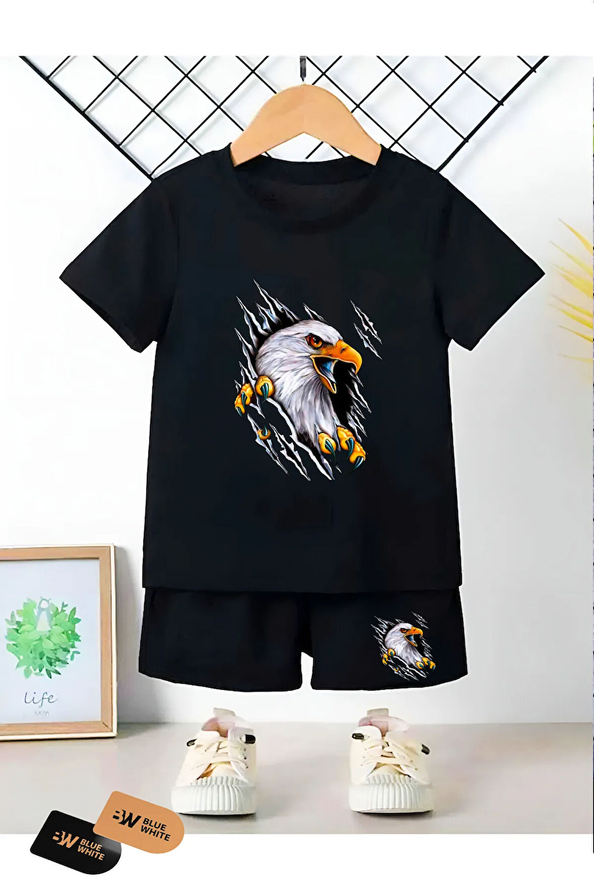 Erkek/Kız Çocuk pençeli kartal  Baskılı Siyah Beyaz Tshirt Şort Takım