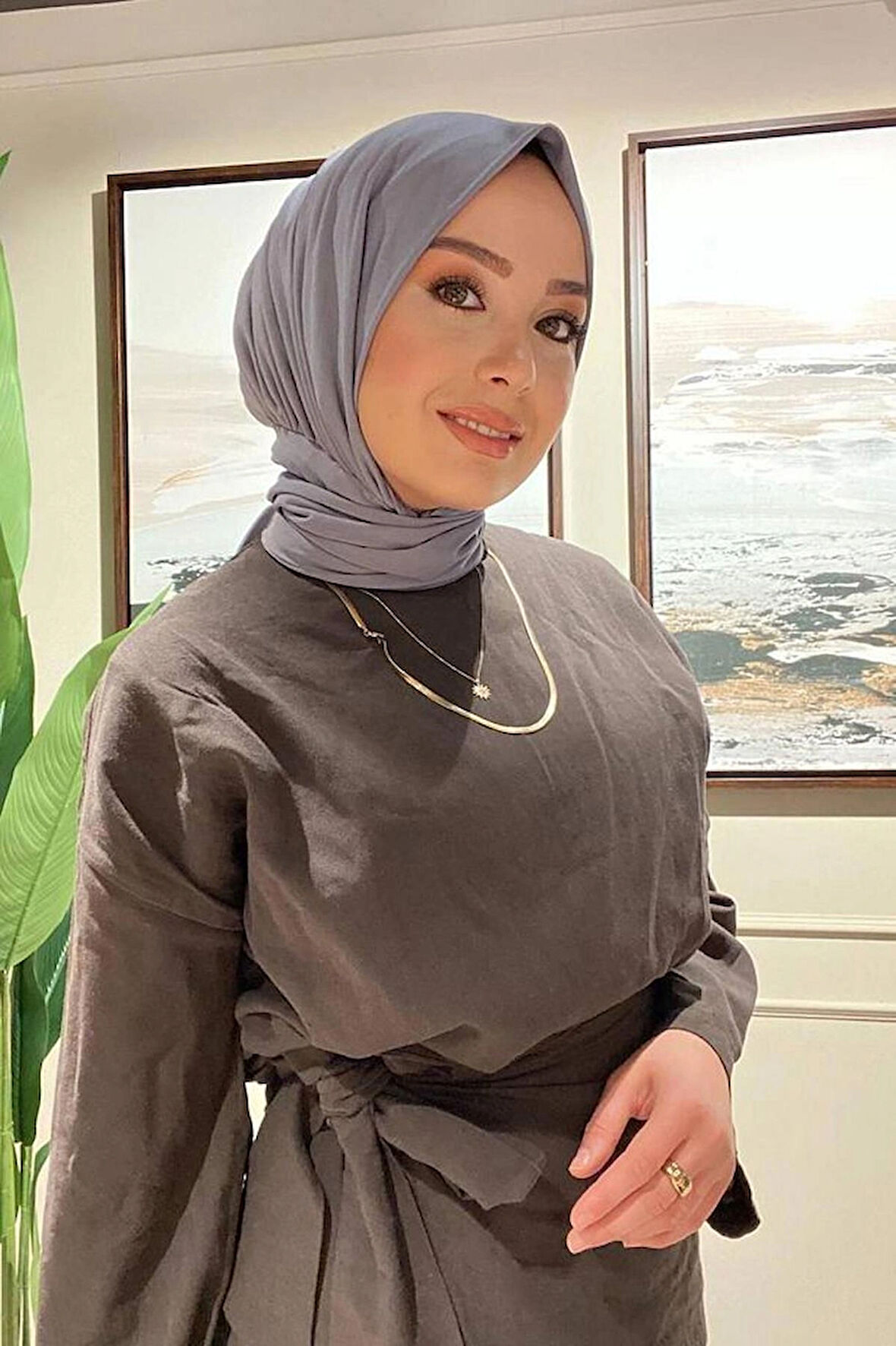 SAYRA Shawl Gri Çıtçıtlı Hazır Şal