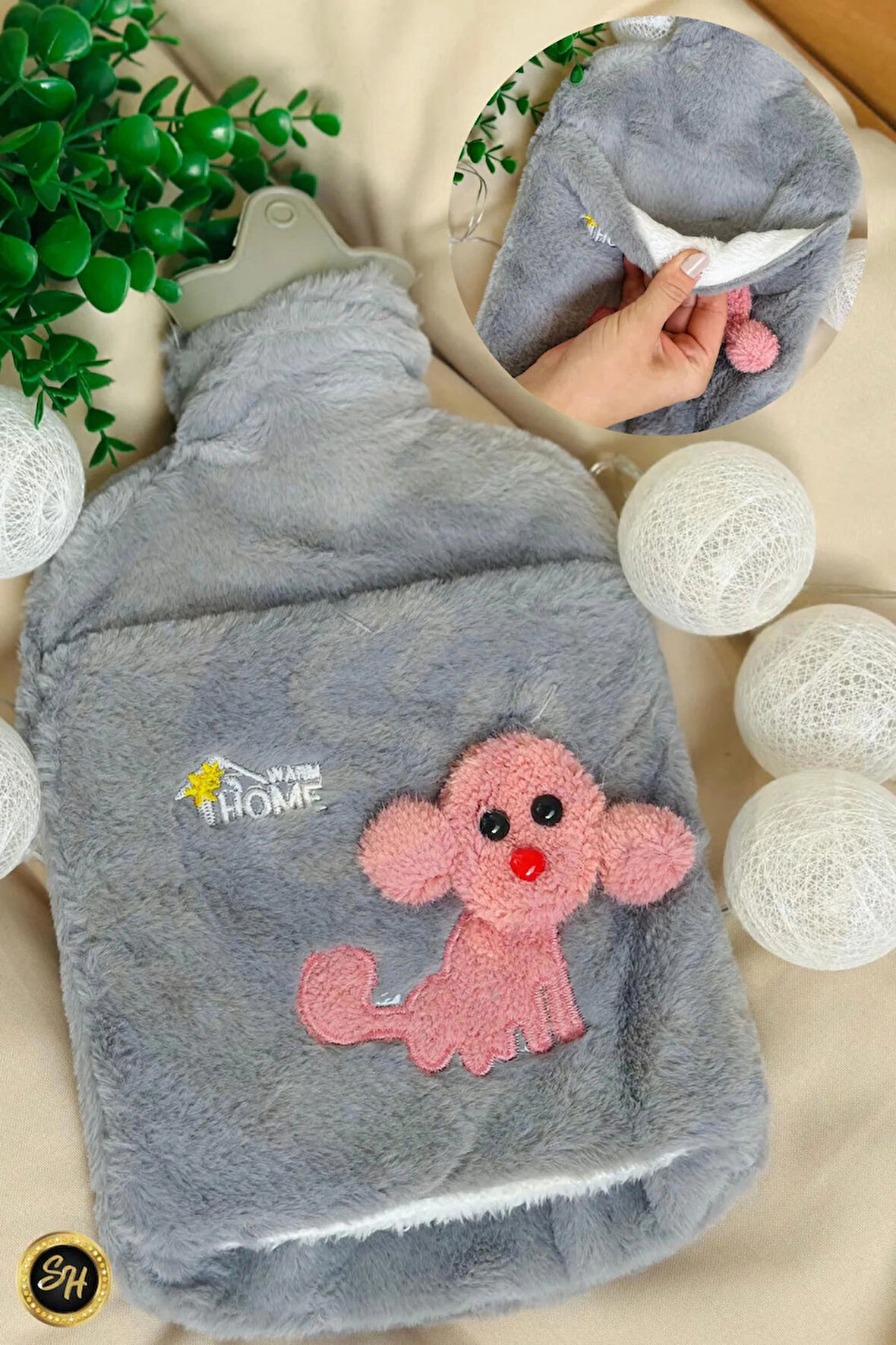 GRİ - Peluş Kılıflı Köpek Emojili Sıcak Su Torbası 2 Litre