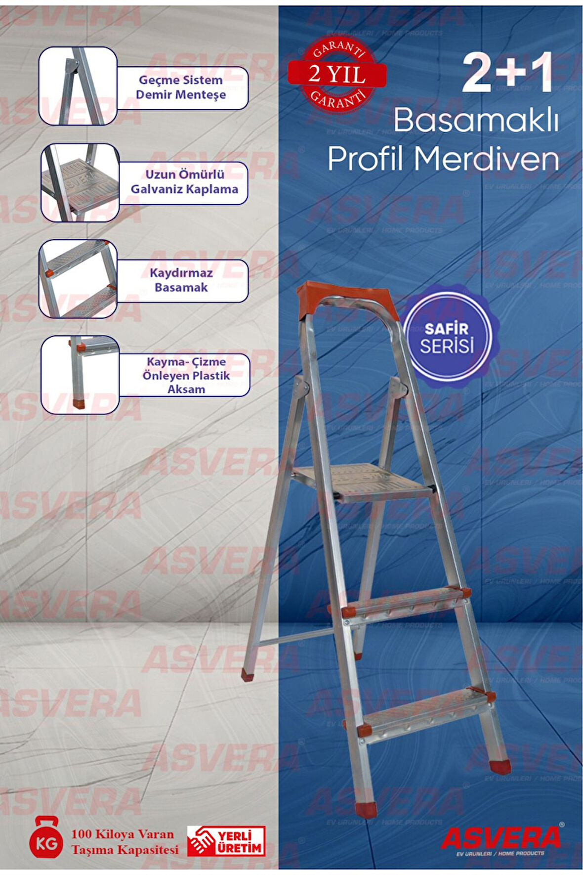 Safir Serisi - 2 1 Basamaklı Galvanizli Profil Merdiven - Ev - Bahçe - Iş Yeri Için Dayanıklı