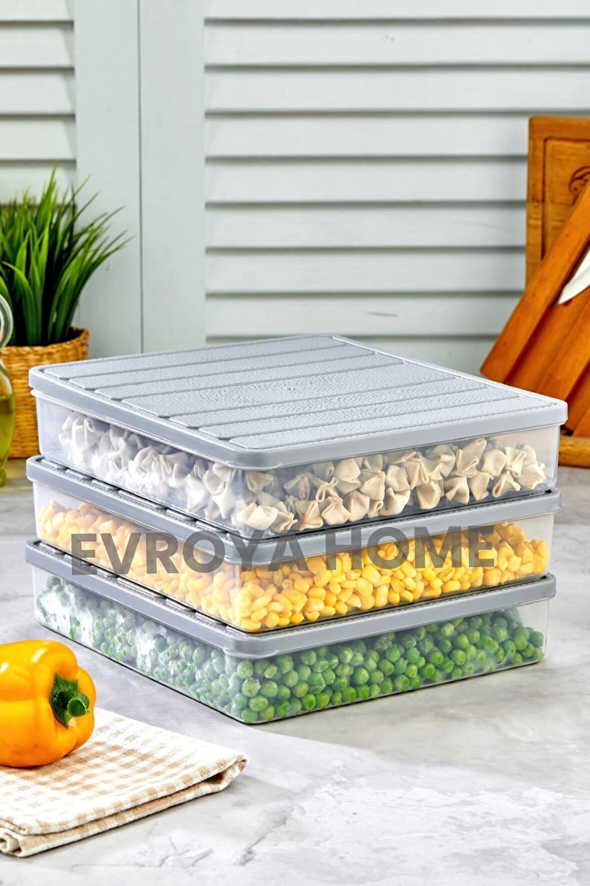 EVROYA HOME 3'lü Set Kendinden Kapaklı Derin Dondurucuya Uygun Saklama Kabı Seti Cok Amaçlı Kullanıma Uygun