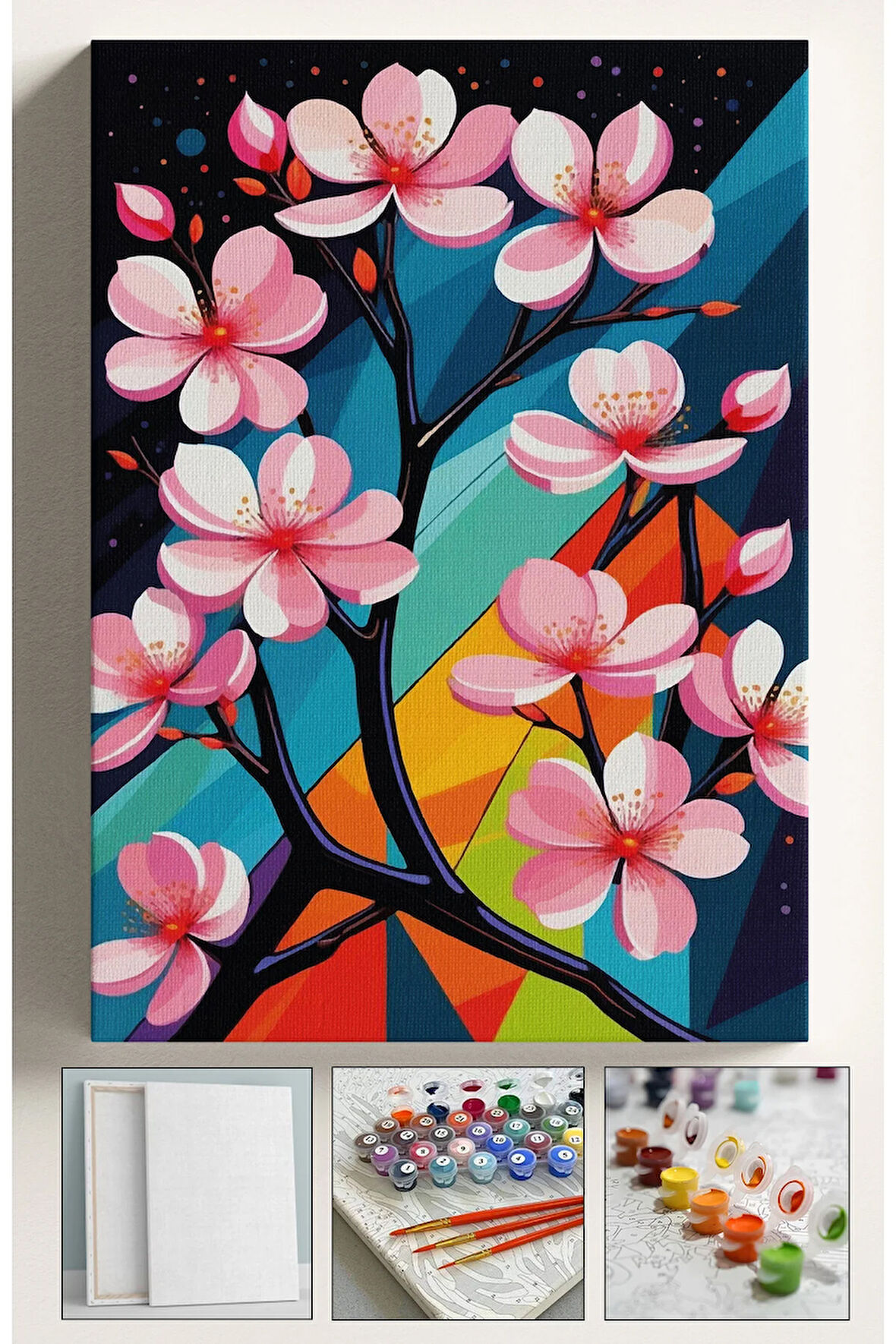 Sayılarla Boyama Hobi Seti Çerçeveli Numaralı Tuval Fırça Boya Dahil Kasnaklı SAKURA AĞACI 40x50 Cm