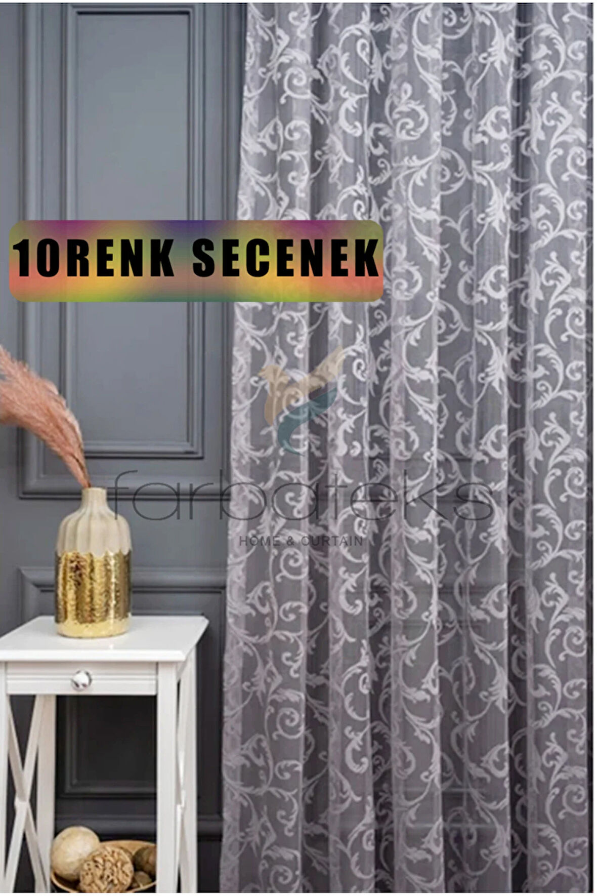 Klasik Şal Desen Gri Füme Renk Desen Tasarım 2 Kat Pileli Tül Perde