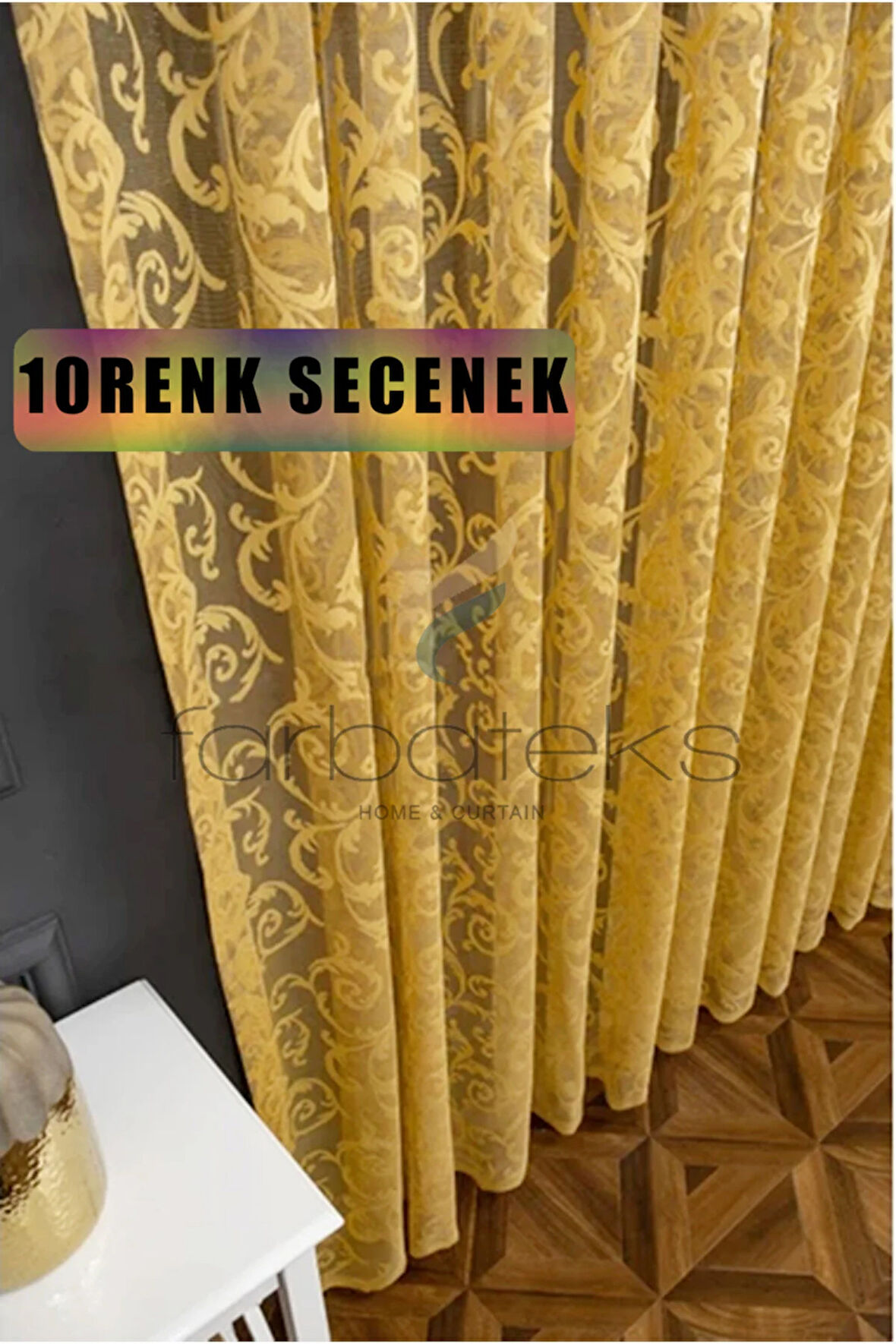 Klasik Şal Desen Hardal Koyu Sarı Renk Desen Tasarım 2 Kat Pileli Tül Perde