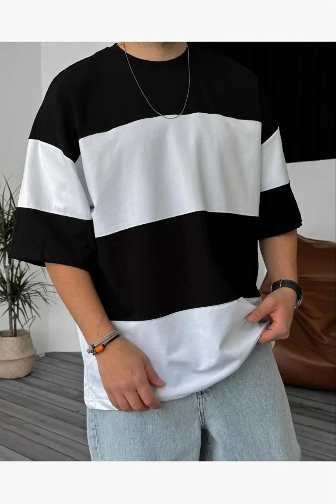 Unisex Bisiklet Yaka Parçalı Çizgili T-Shirt