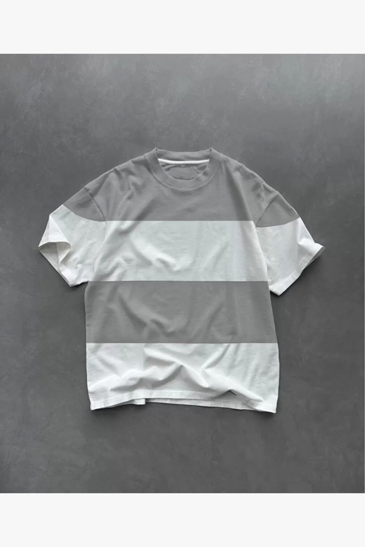 Unisex Bisiklet Yaka Parçalı Çizgili T-Shirt