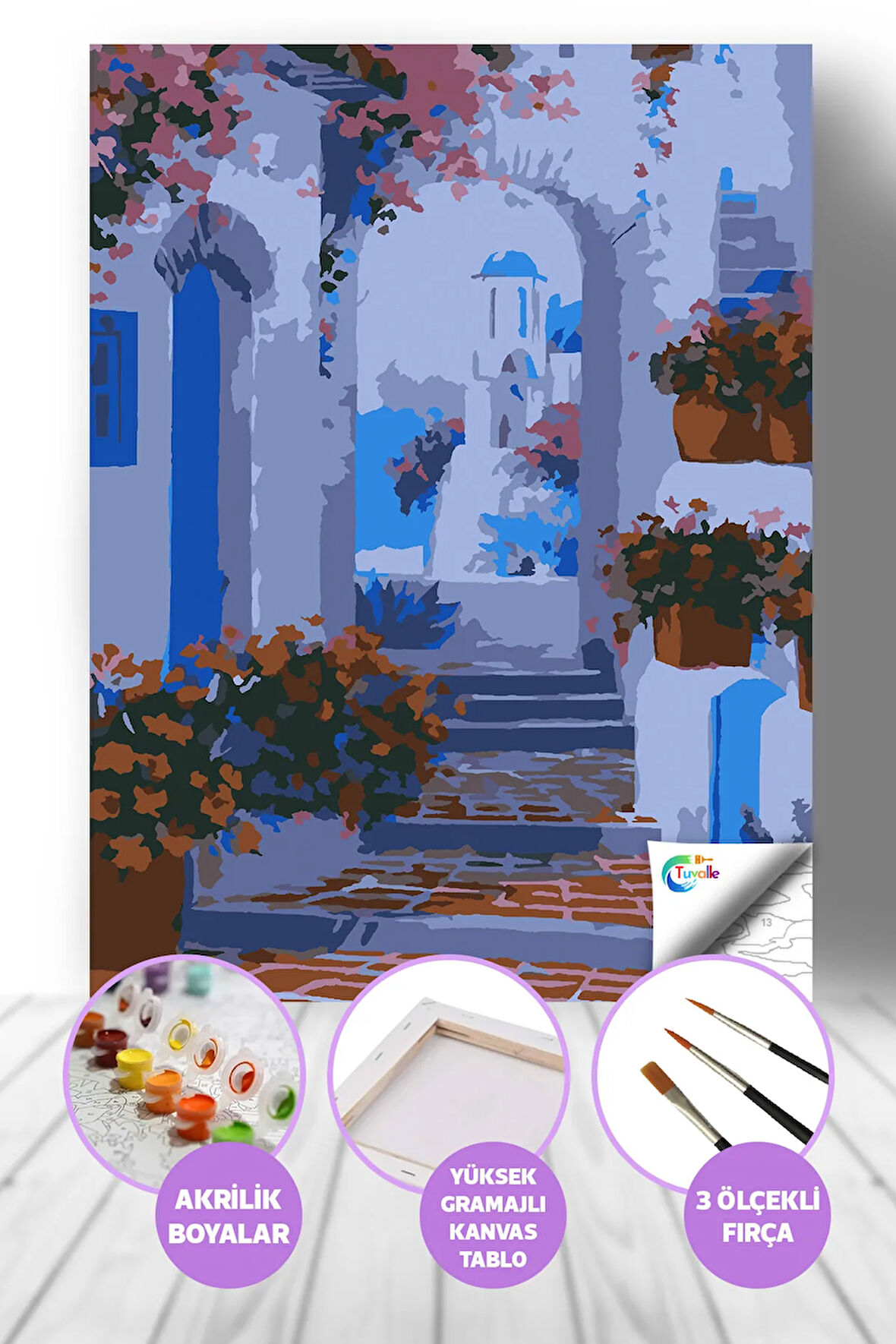 Santorini Adası Sayılarla Boyama Seti, Hobi Seti, 40X50 Tablo, Fırça Boya, Numaralı Tuval