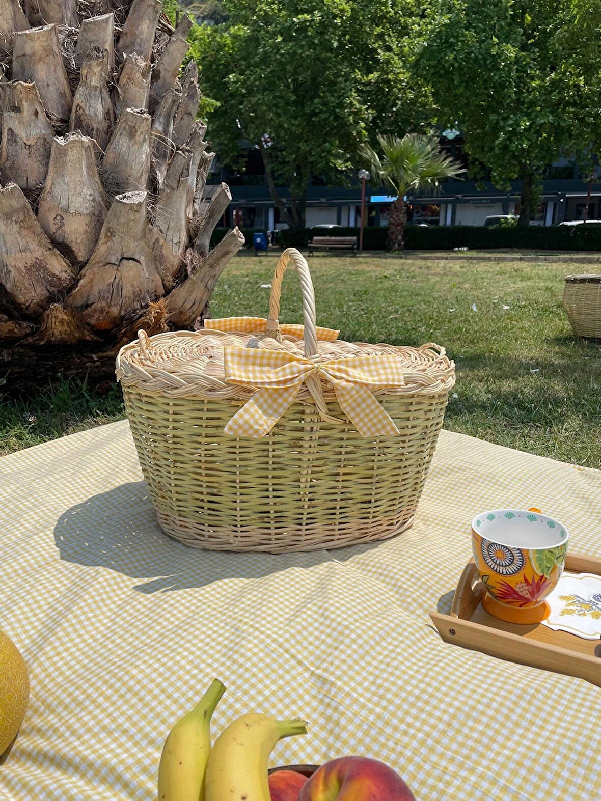 Büyük Boy Sarı Xxl Hasır Kapaklı Piknik Sepeti Seti(sofra bezi ve sepet)