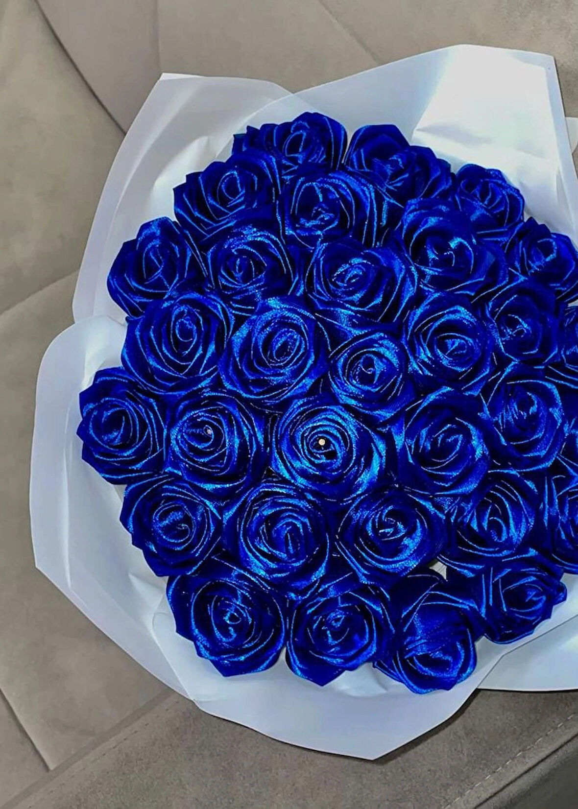 GECE MAVİSİ SATEN EL YAPIMI GÜL BUKETİ 50 Lİ