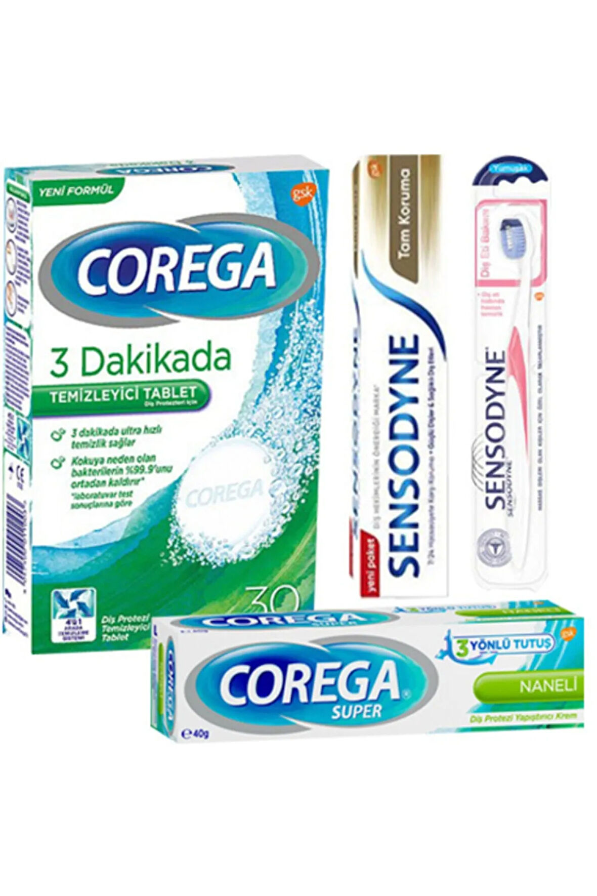 Protez Temizleyici Tablet 30 Naneli Krem Sensodyne Tam Koruma Diş Macunu 50ml Diş Fırça Soft