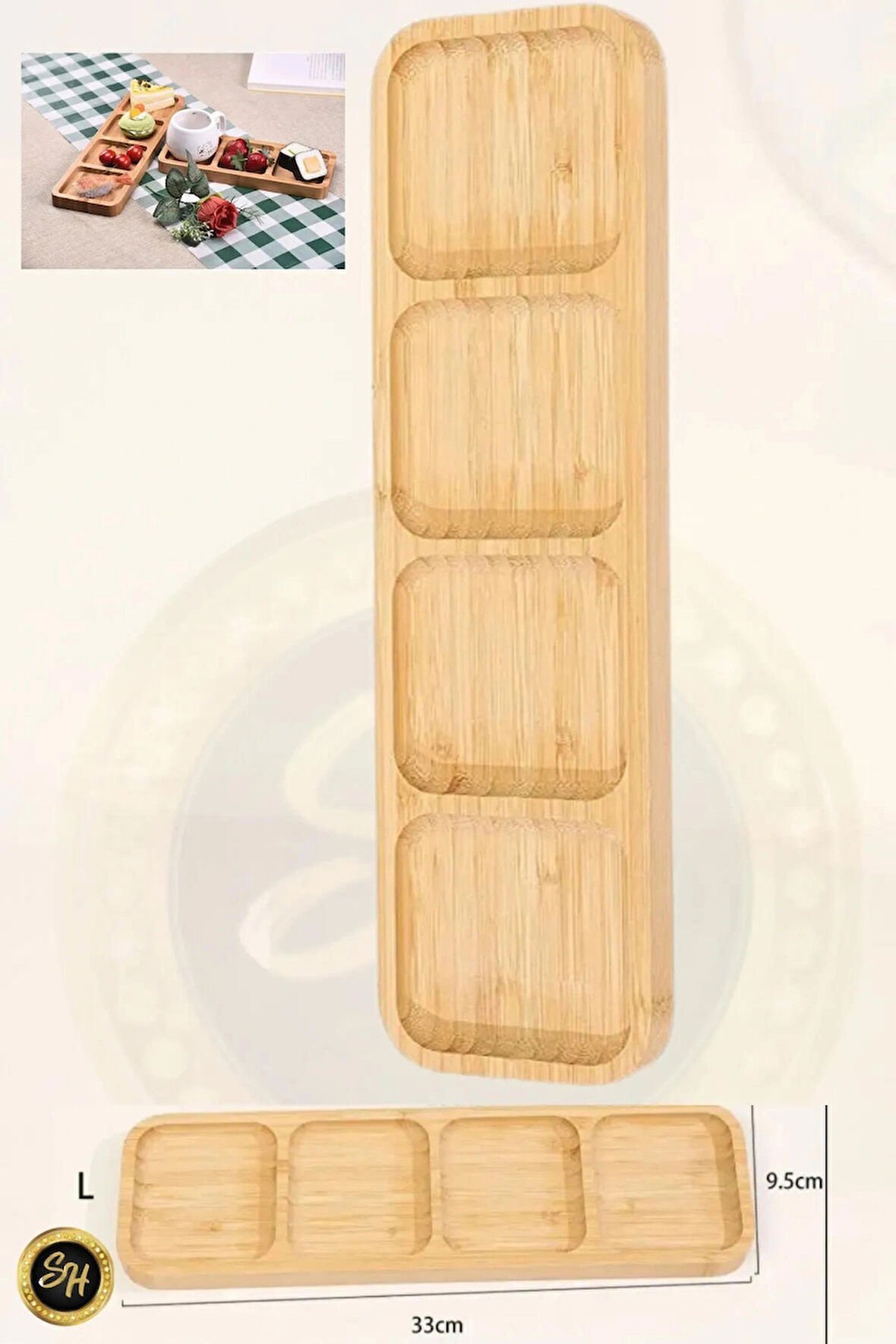 Bambu 4 Bölmeli Sunum Tabağı Kahvaltılık , Çerezlik, Sunumluk, Dikdörtken - 33 x 9.5 cm