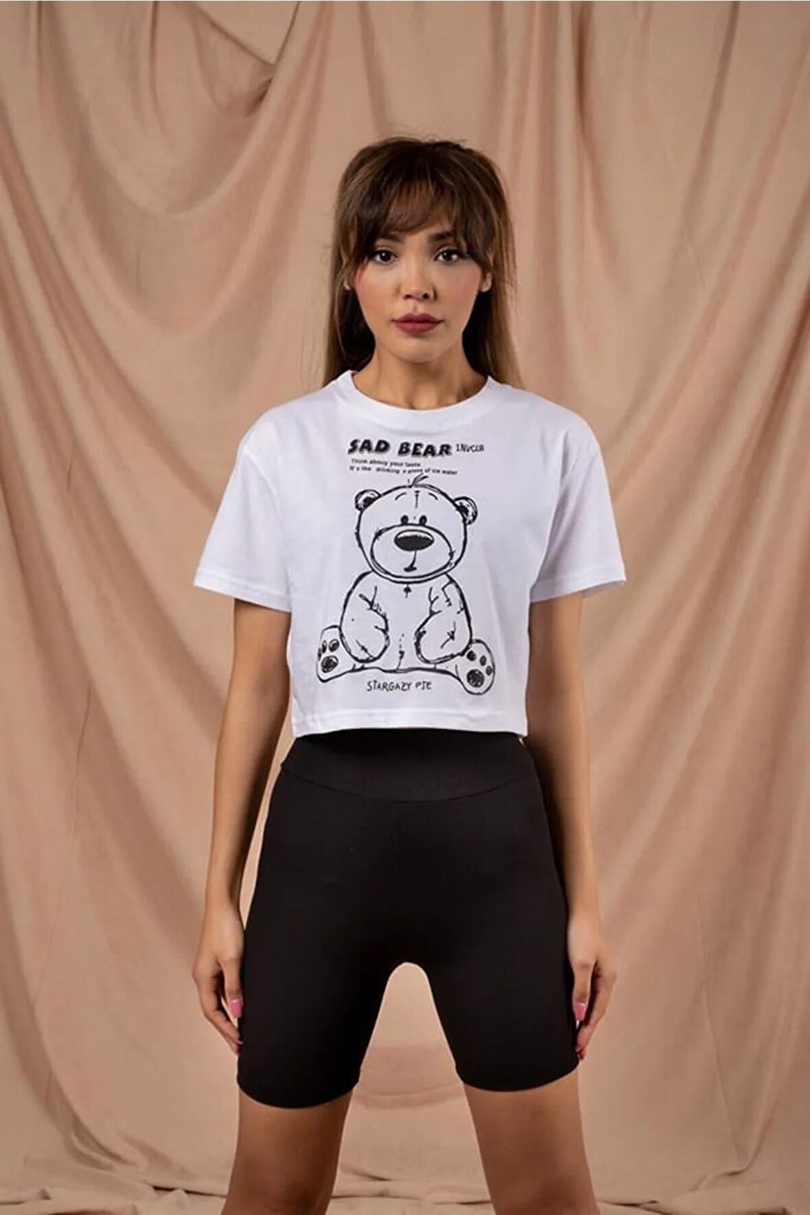 Kadın Basic Sad Bear Bisiklet Yaka Crop Top Tişört Kadın Crop Kadın Tişört