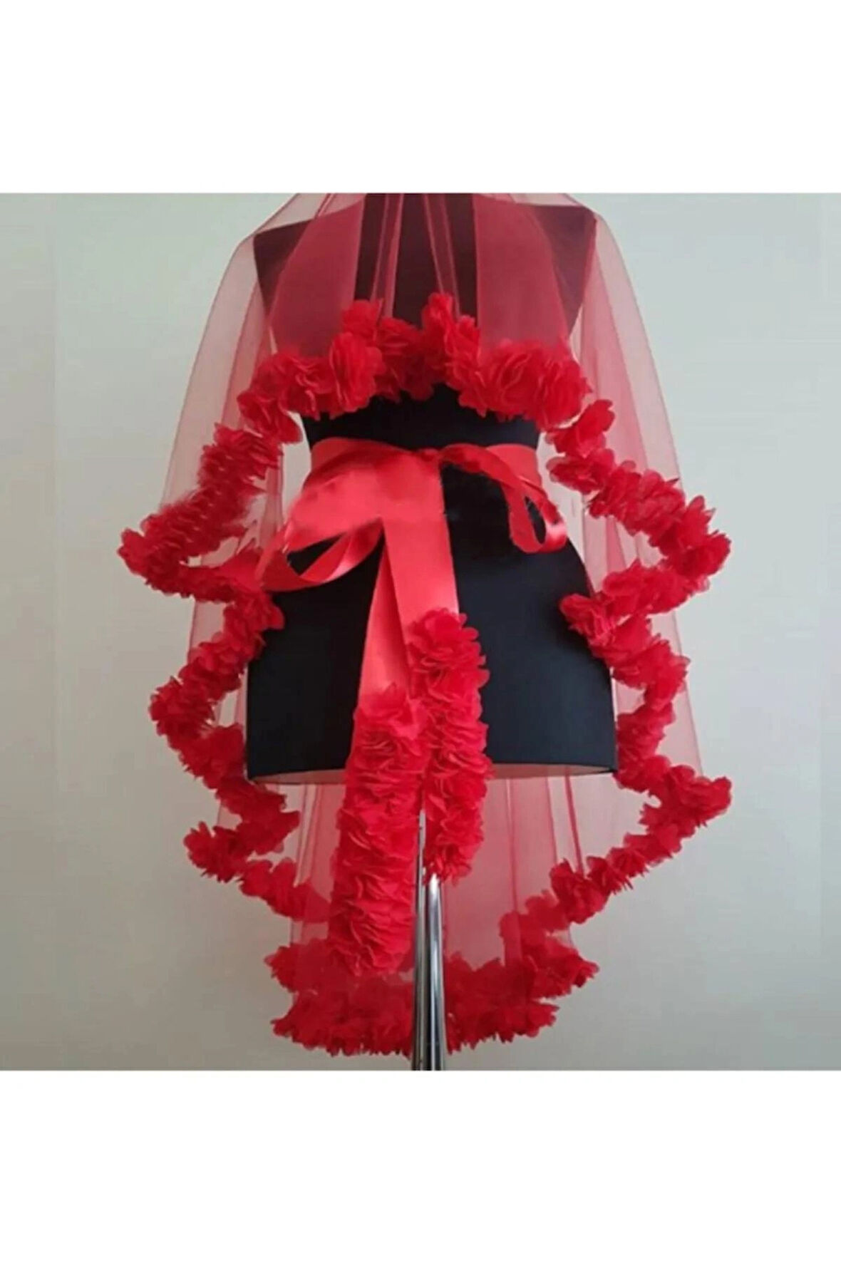 Lazer Güllü Gelin Duvağı, Gelin Yüz Örtüsü Ve Gelin Kuşağı Kırmızı