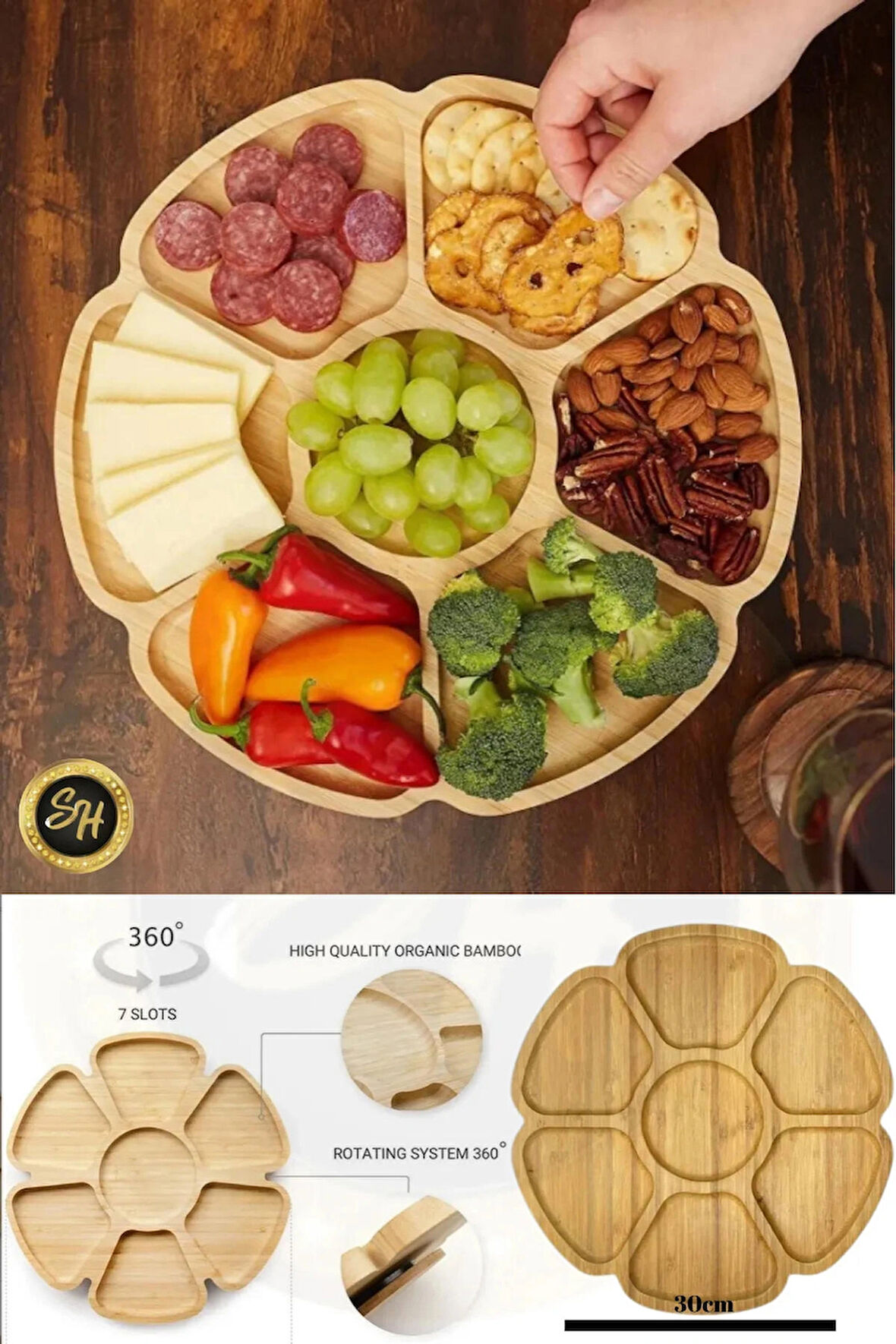 Bölmeli 360 Derece Dönerli Sunum Tabağı Kahvaltılık , Çerezlik, Sunumluk Bambu