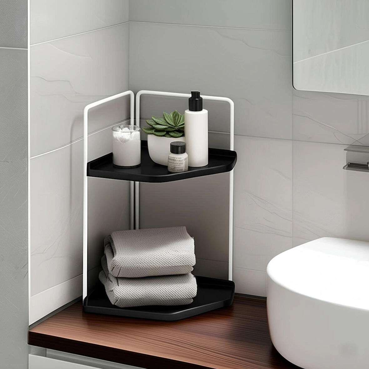 Dekoratif 2 Katlı Raf | Çok Amaçlı Organizer Paslanmaz Çelik & Ahşap Stand – Salon, Mutfak, Banyo, Çalışma Alanı İçin