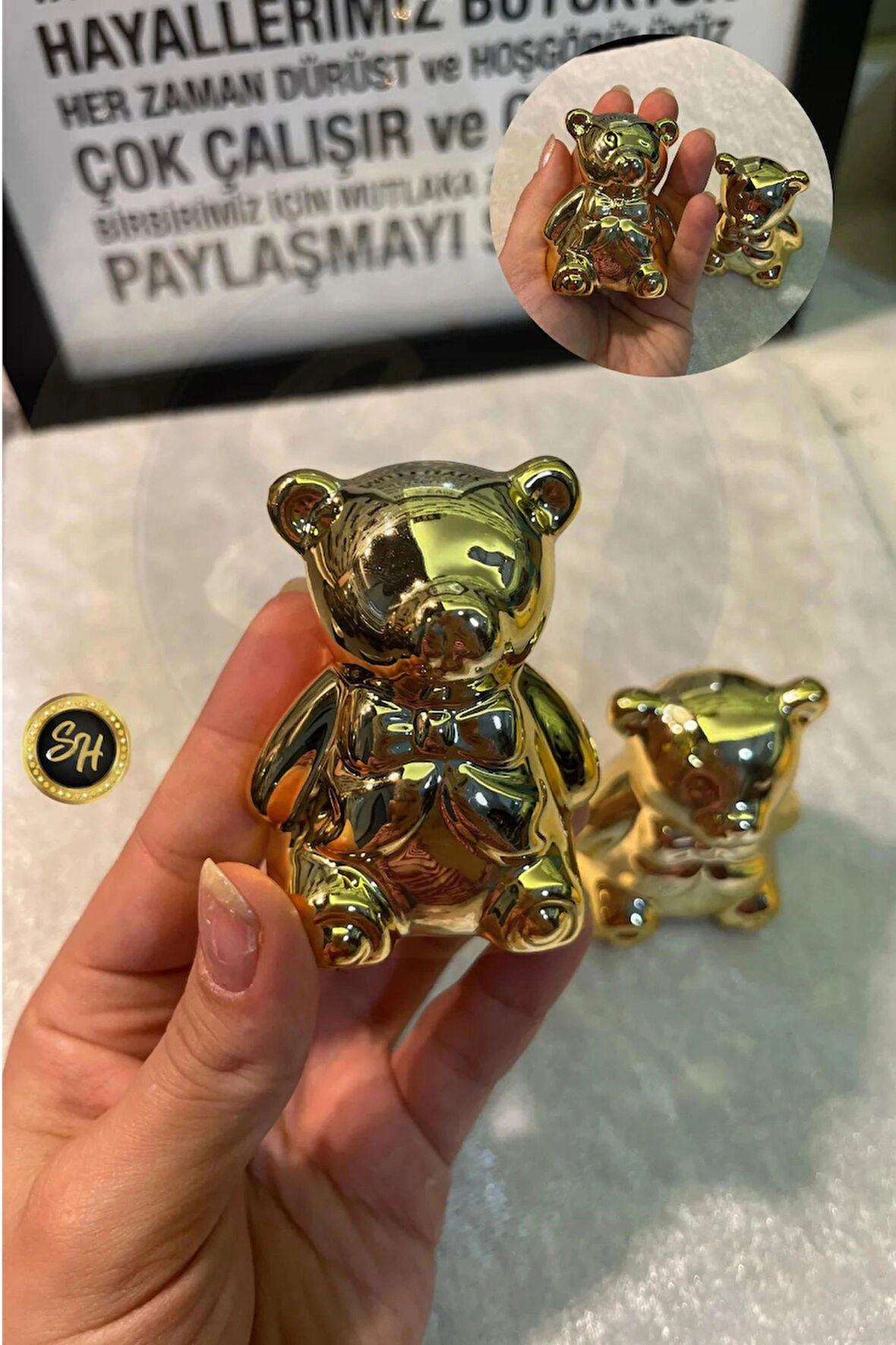 1-adet Orta Boy Ayıcık Biblo Panda Gold Biblo Dekoratif Sunumluk Dekor