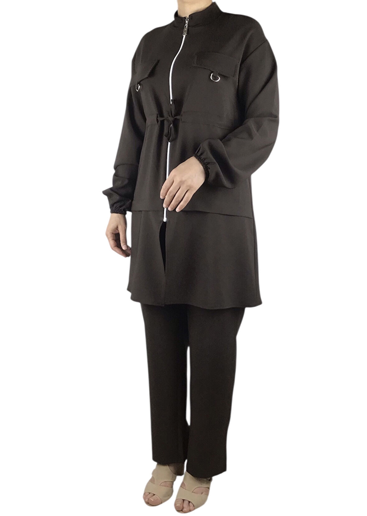 KADIN TUNİK ÖNÜ FERMUARLI İPLİ KOLU LASTİKLİ PANTOLON BELİ LASTİKLİ TAKIM