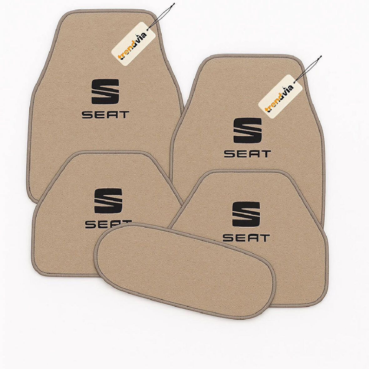 Bej Renk SEAT Logolu Halı Oto Paspas Seti 5 Parça – Dayanıklı Malzeme, Su Geçirmez, Kaymaz Taban, Tüm Mevsimlere Uygun