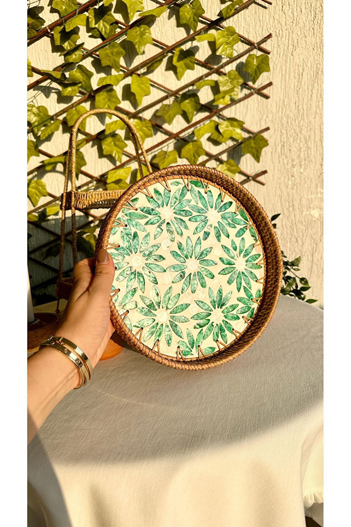Sedefli Rattan Yeşil Yuvarlak Tepsi Büyük Boy
