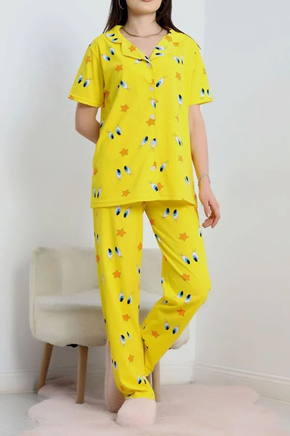 SeKa Baskılı Düğmeli Pijama Takım Sarı - 50776.1773.