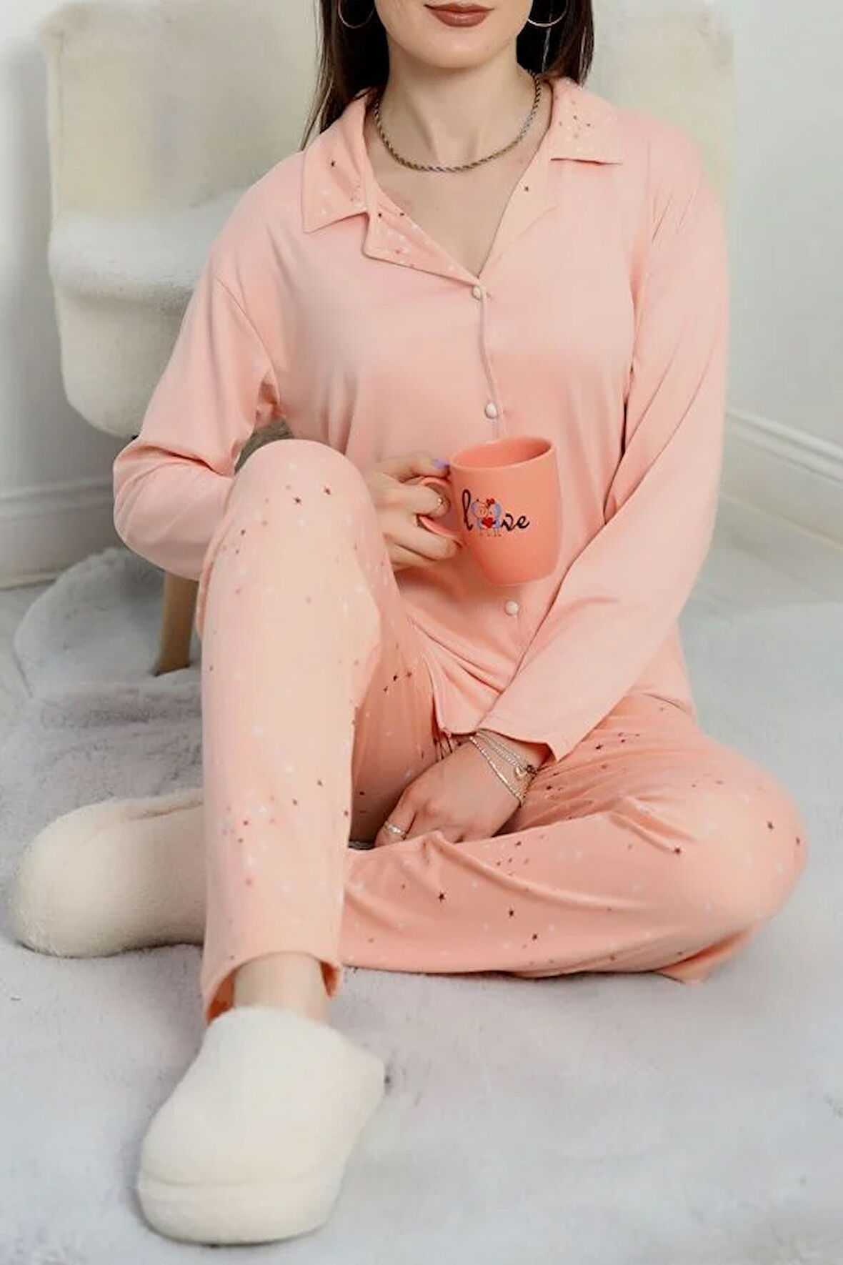 SeKa Milan Düğmeli Pijama Takımı Somon - 50750.1048.