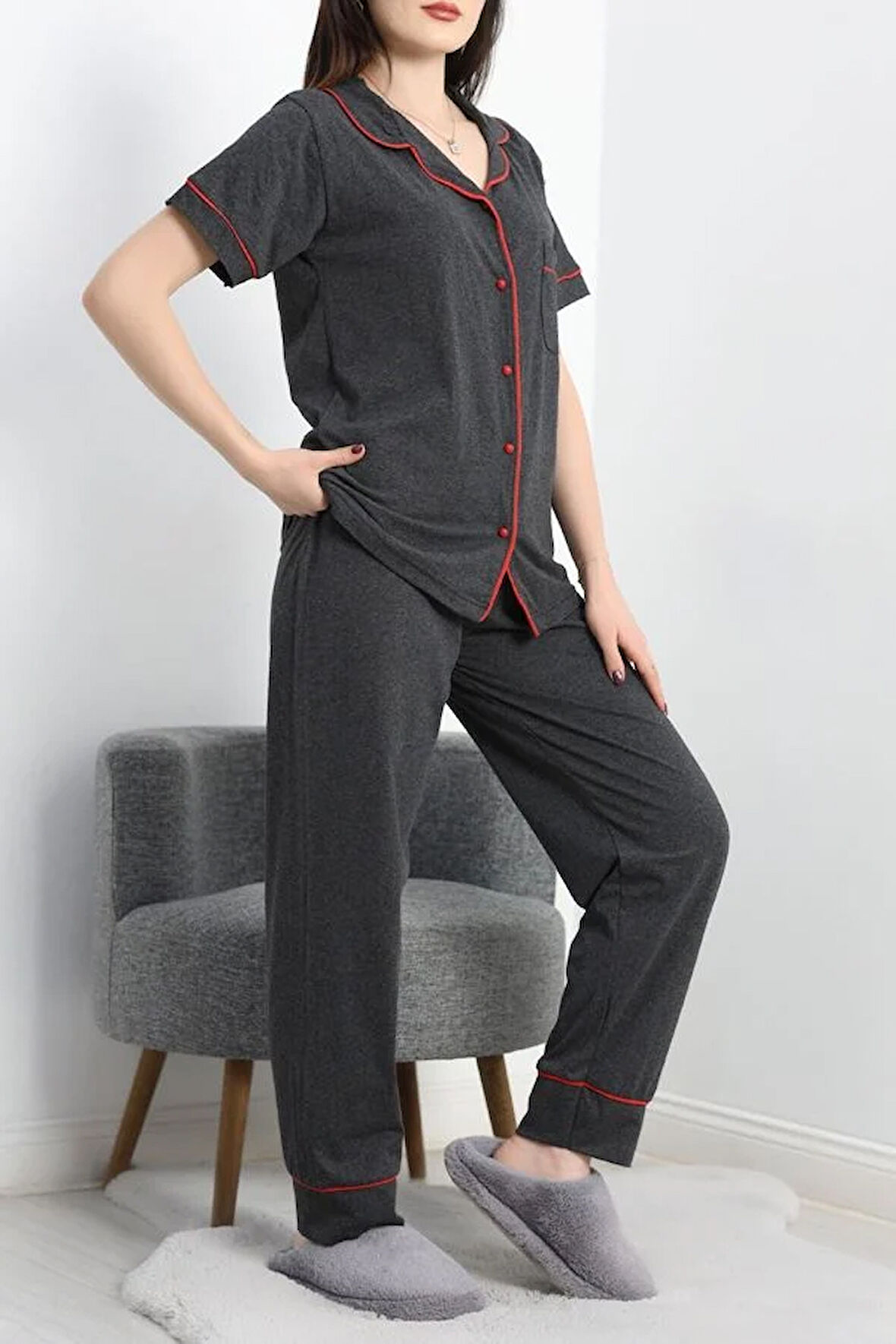 SeKa Düğmeli Süprem Pijama Takımı Koyuantrasit - 41830.1048.