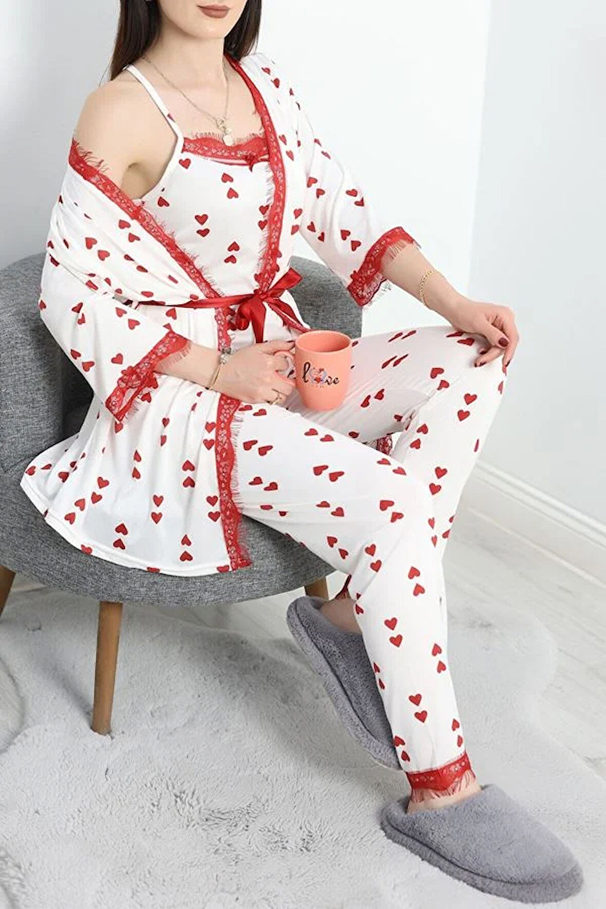 SeKa Milan Kumaş 3'Lü Pijama Set Beyazkırmızı - 50147.1857.