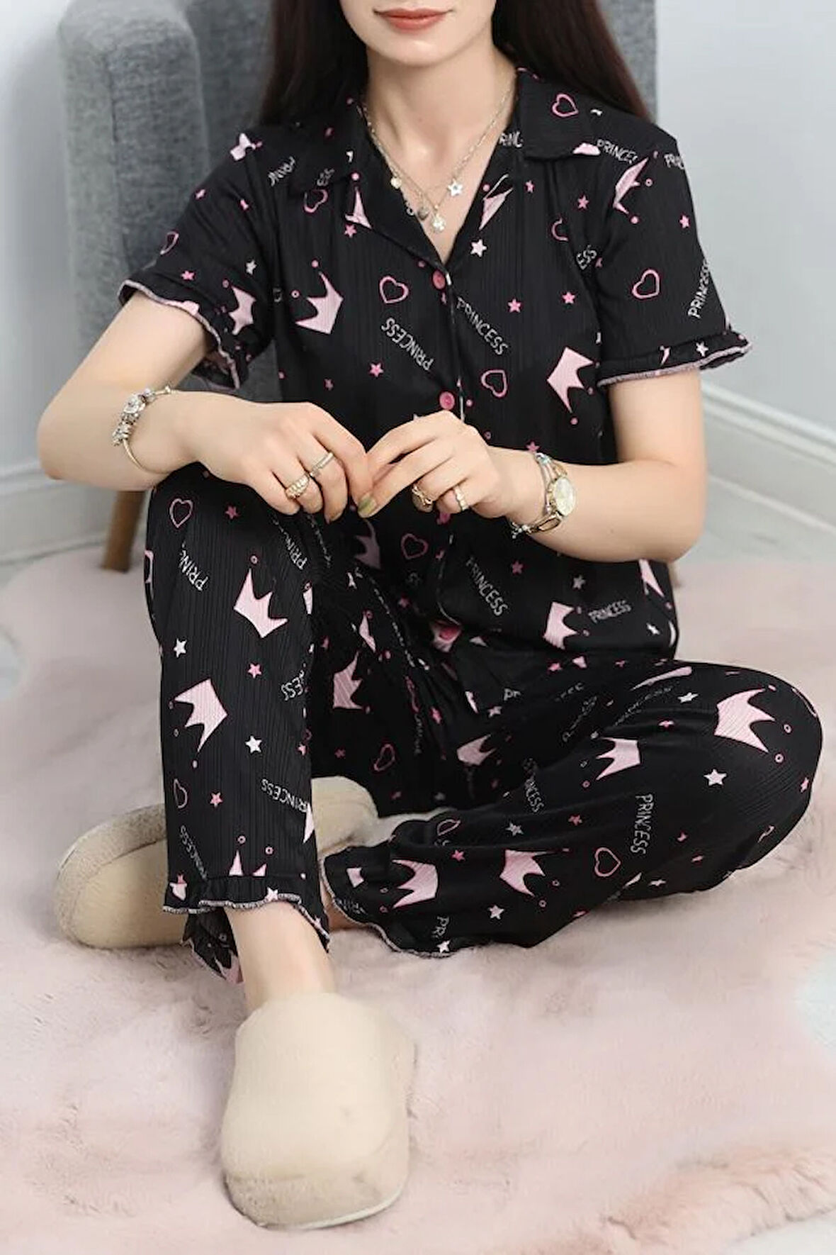 SeKa Pegasus Fırfırlı Düğmeli Pijama Takımı Yıldızsiyah - 671.1287.