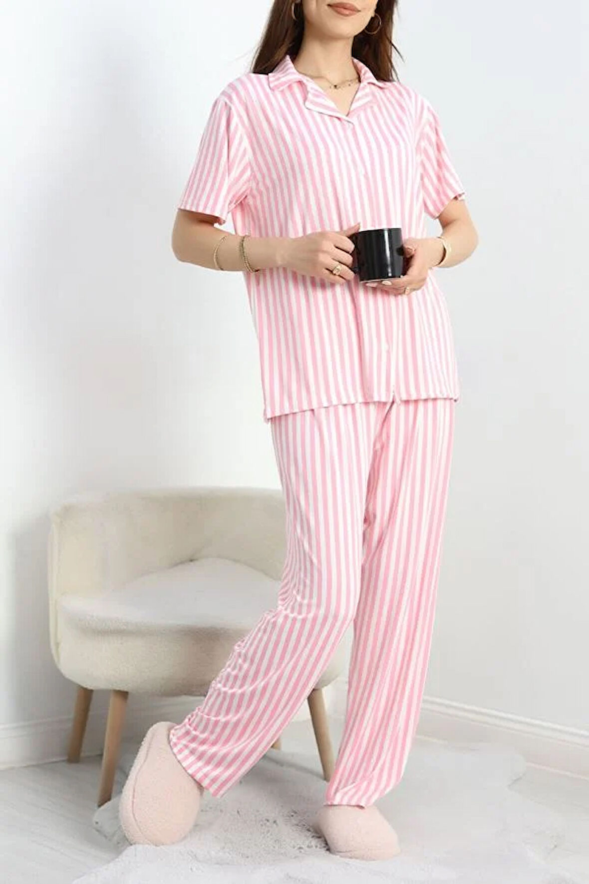 SeKa Milan Kumaş Düğmeli Pijama Takımı Pembeçizgili - 750.1287.