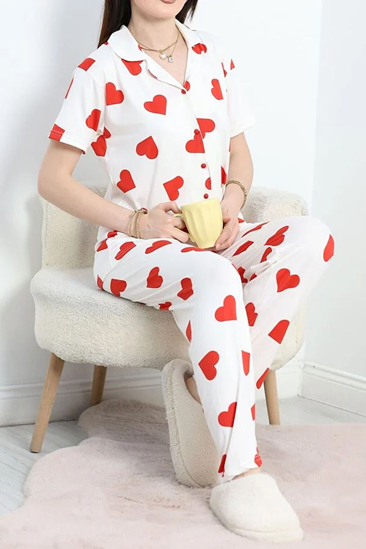 SeKa Milan Kumaş Düğmeli Pijama Takımı Beyazkırmızı - 70455.1048.