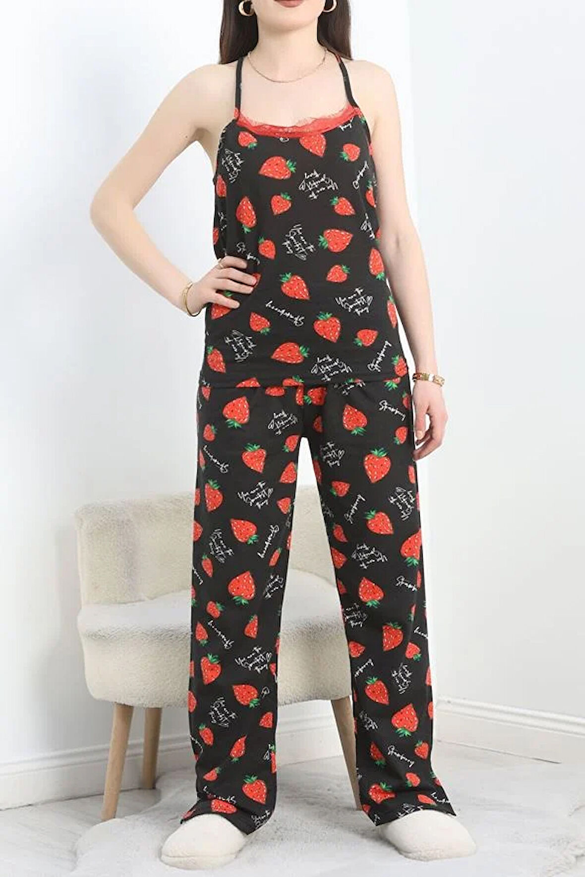 SeKa Yaka Dantelli Süprem Pijama Takımı Siyahçilek - 50192.1857.