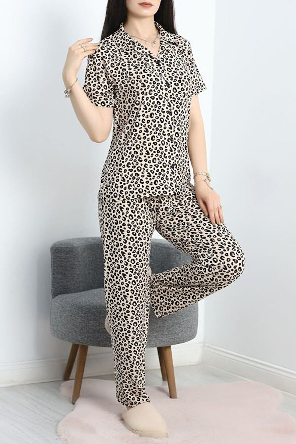 SeKa Milan Kumaş Düğmeli Pijama Takımı Bejbenek - 750.1287.