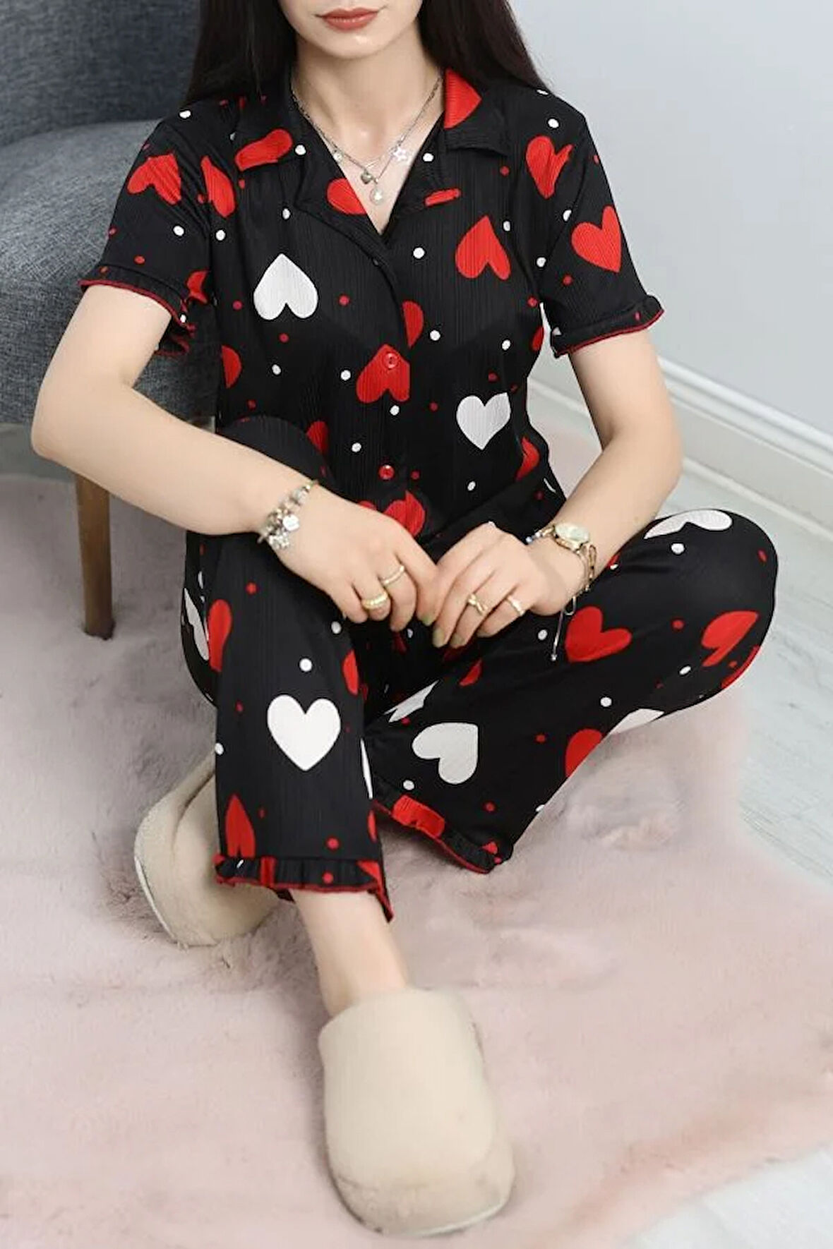 SeKa Pegasus Fırfırlı Düğmeli Pijama Takımı Kırmızıbenek - 671.1287.