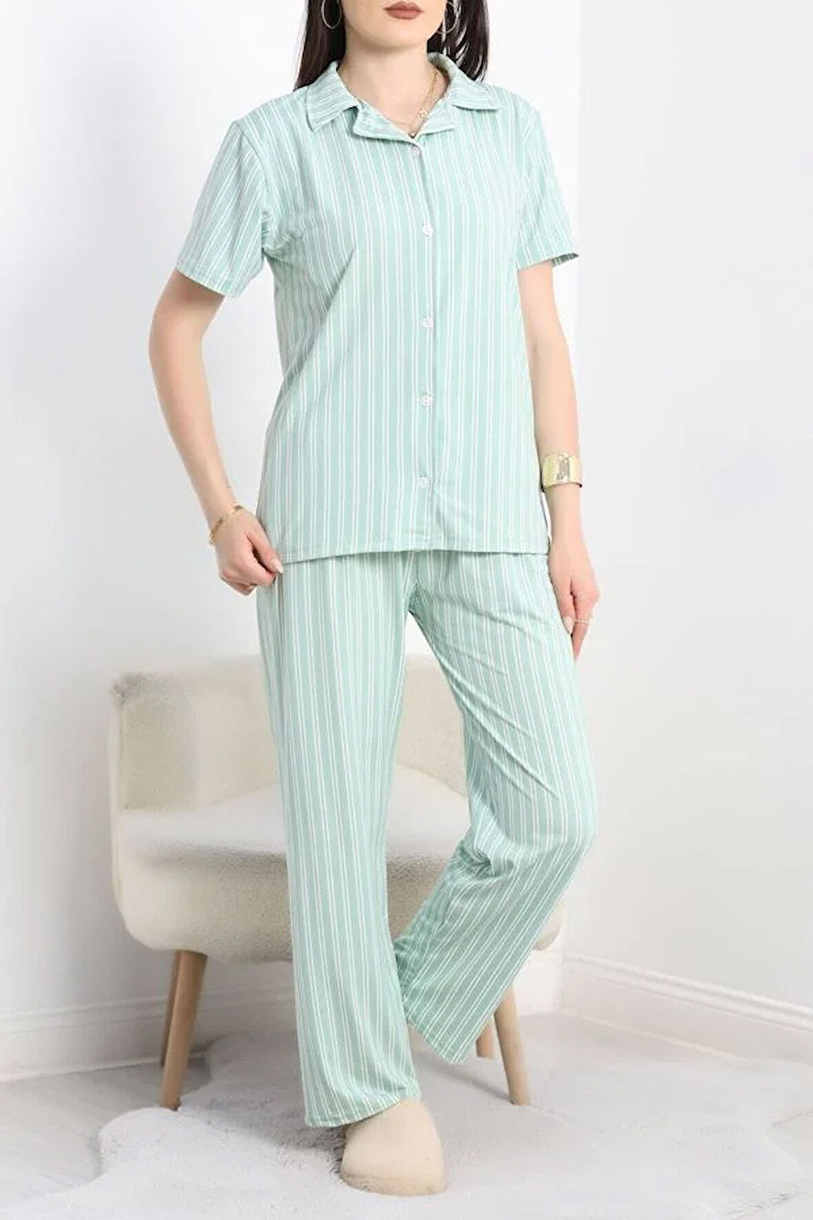 SeKa Milan Kumaş Düğmeli Pijama Takımı Yeşilçizgili - 750.1287.