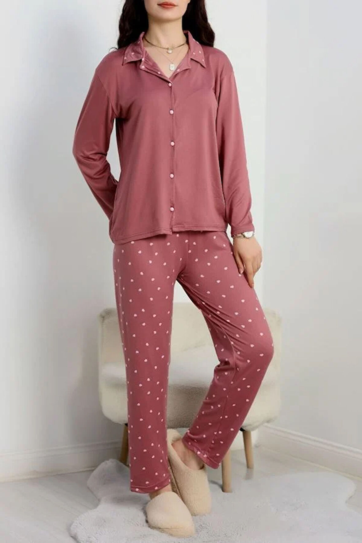 SeKa Milan Düğmeli Pijama Takımı Gülkurusu - 50750.1048.