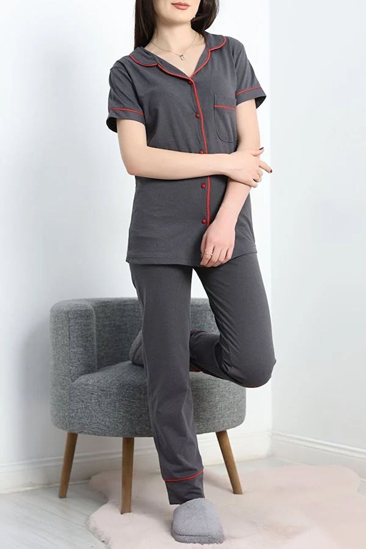 SeKa Düğmeli Süprem Pijama Takımı Antrasit - 41820.1048.
