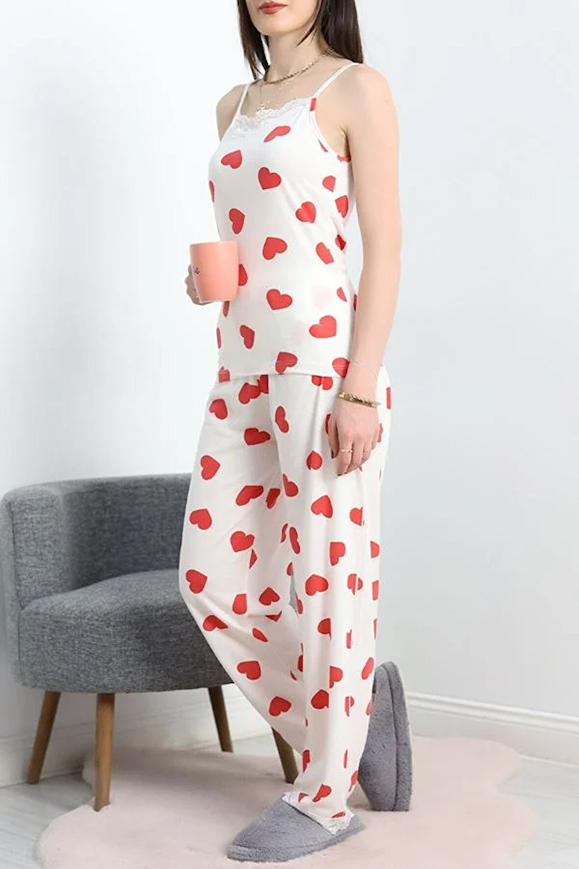 SeKa Modal Kumaş Dantelli Pijama Takımı Kırmızıkalp - 620.1287.