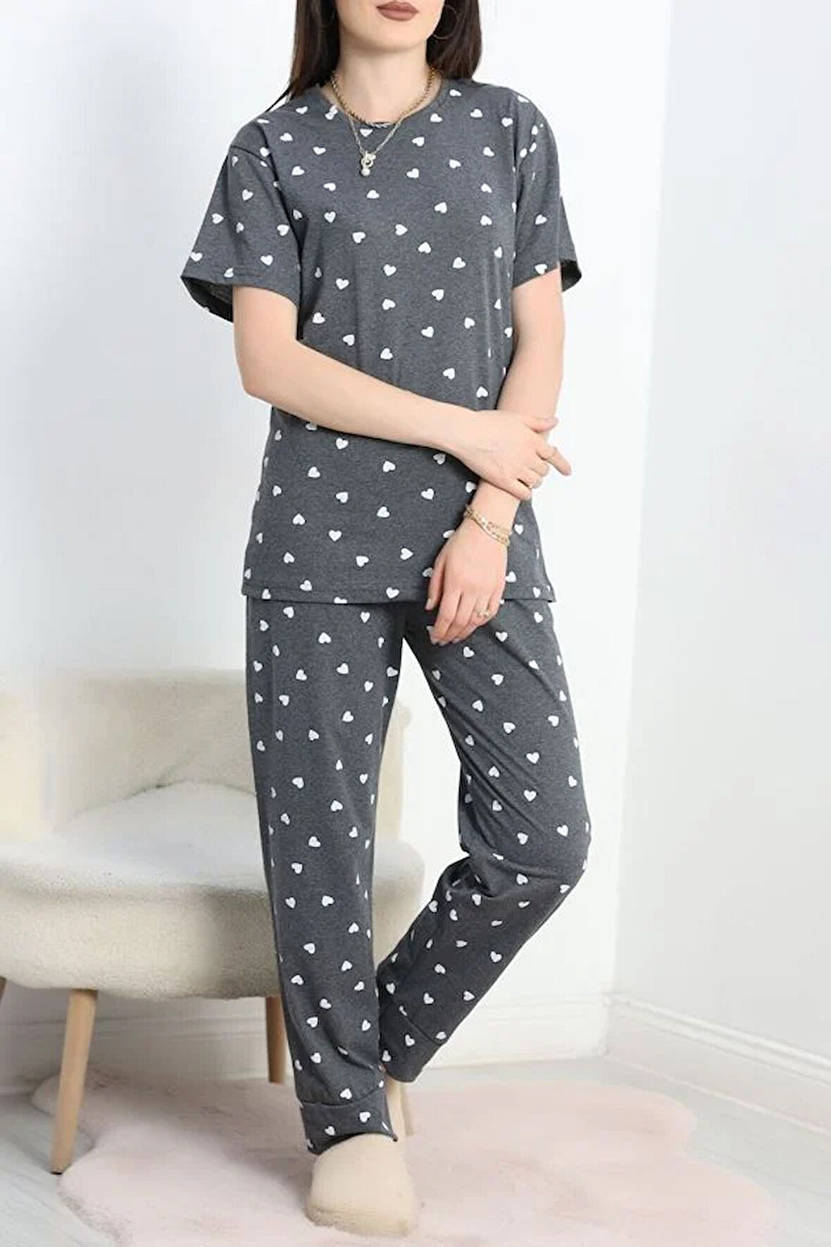 SeKa Manşetli Süprem Alt Üst Aynı Pijama Takımı Fümebeyaz - 50673.1961.