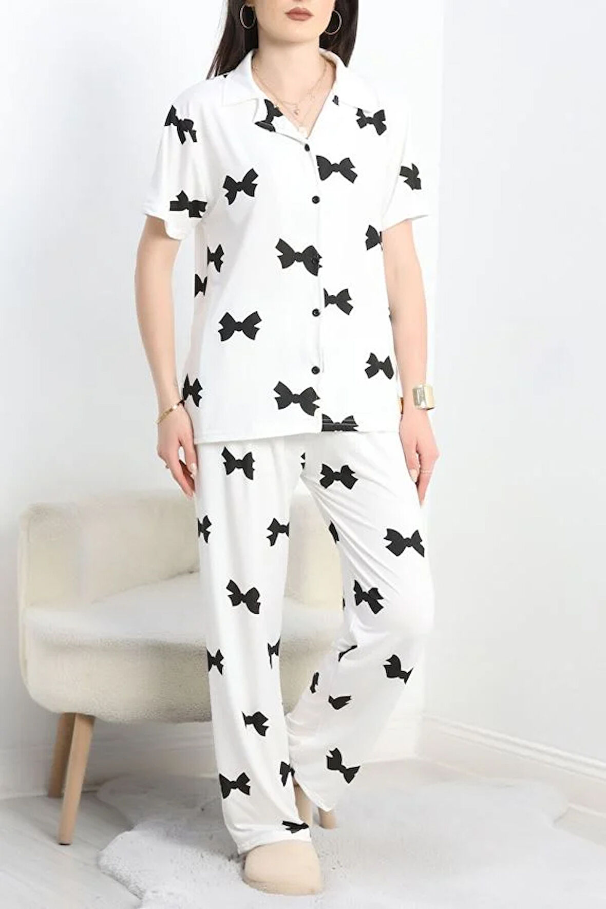 SeKa Milan Kumaş Düğmeli Pijama Takımı Siyahkurdele - 750.1287.