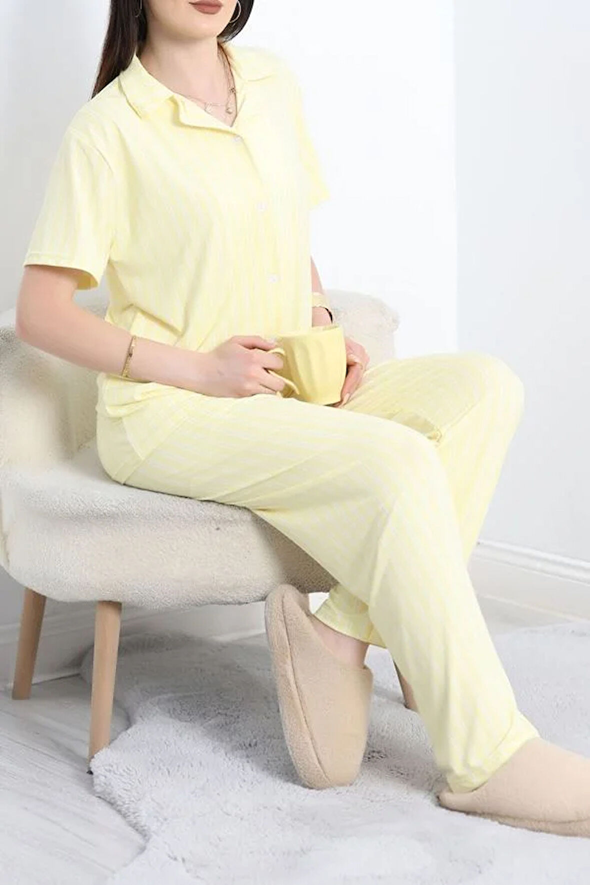SeKa Milan Kumaş Düğmeli Pijama Takımı Sarıçizgili - 750.1287.